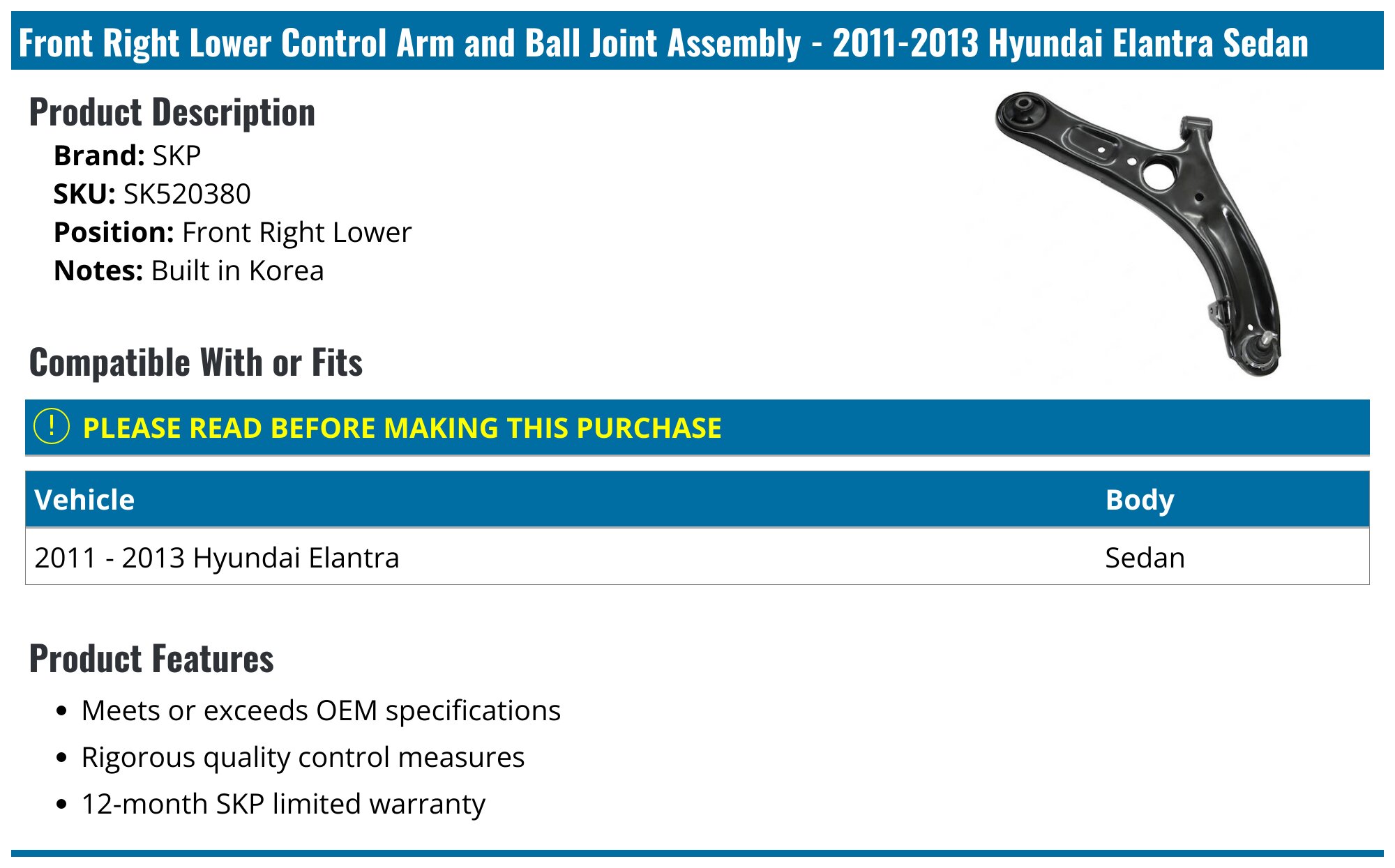 METRIX Right Front Lower Control Arm With Ball Joint For 2011-2016 Hyundai Elantra – RK622646