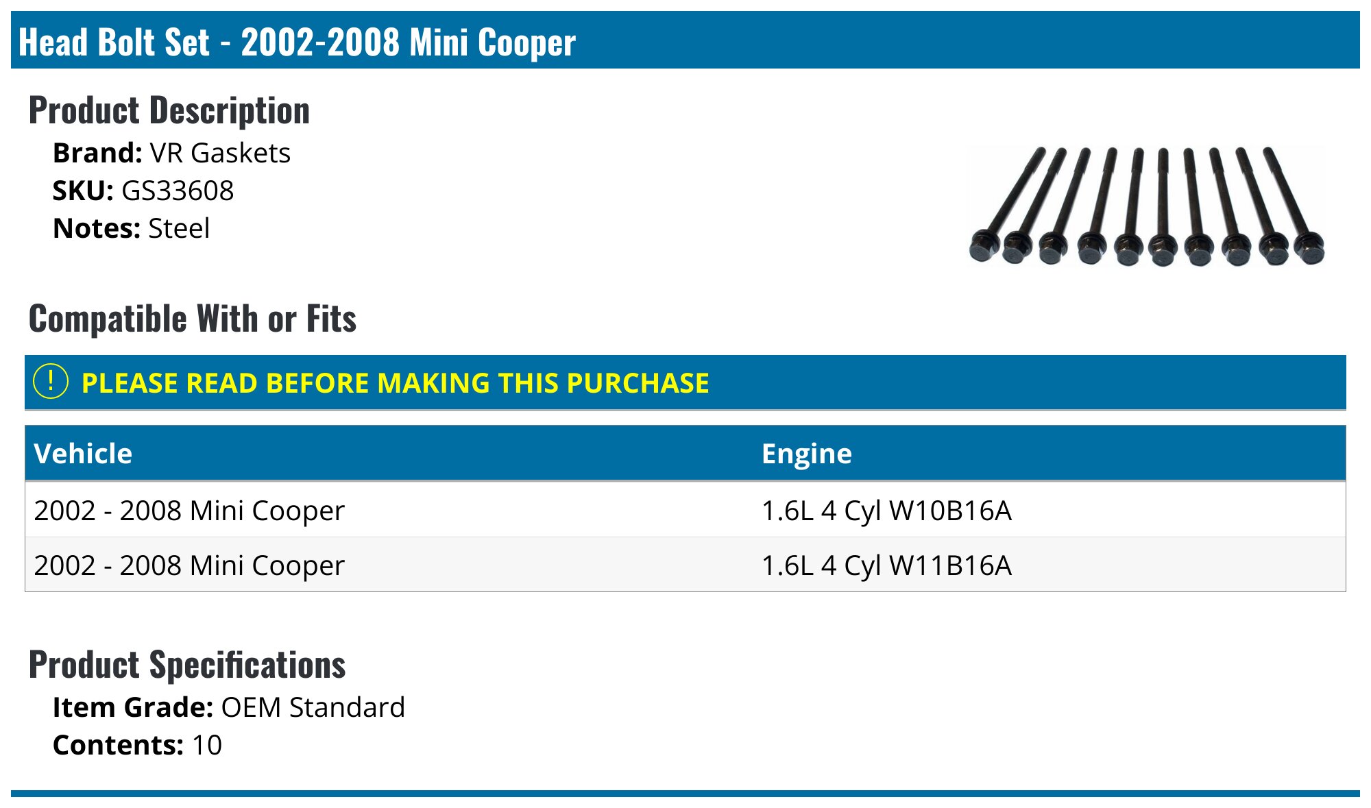 ARP Head Bolt Kits | 2002-2006 Mini Cooper (206-3601) main image 1