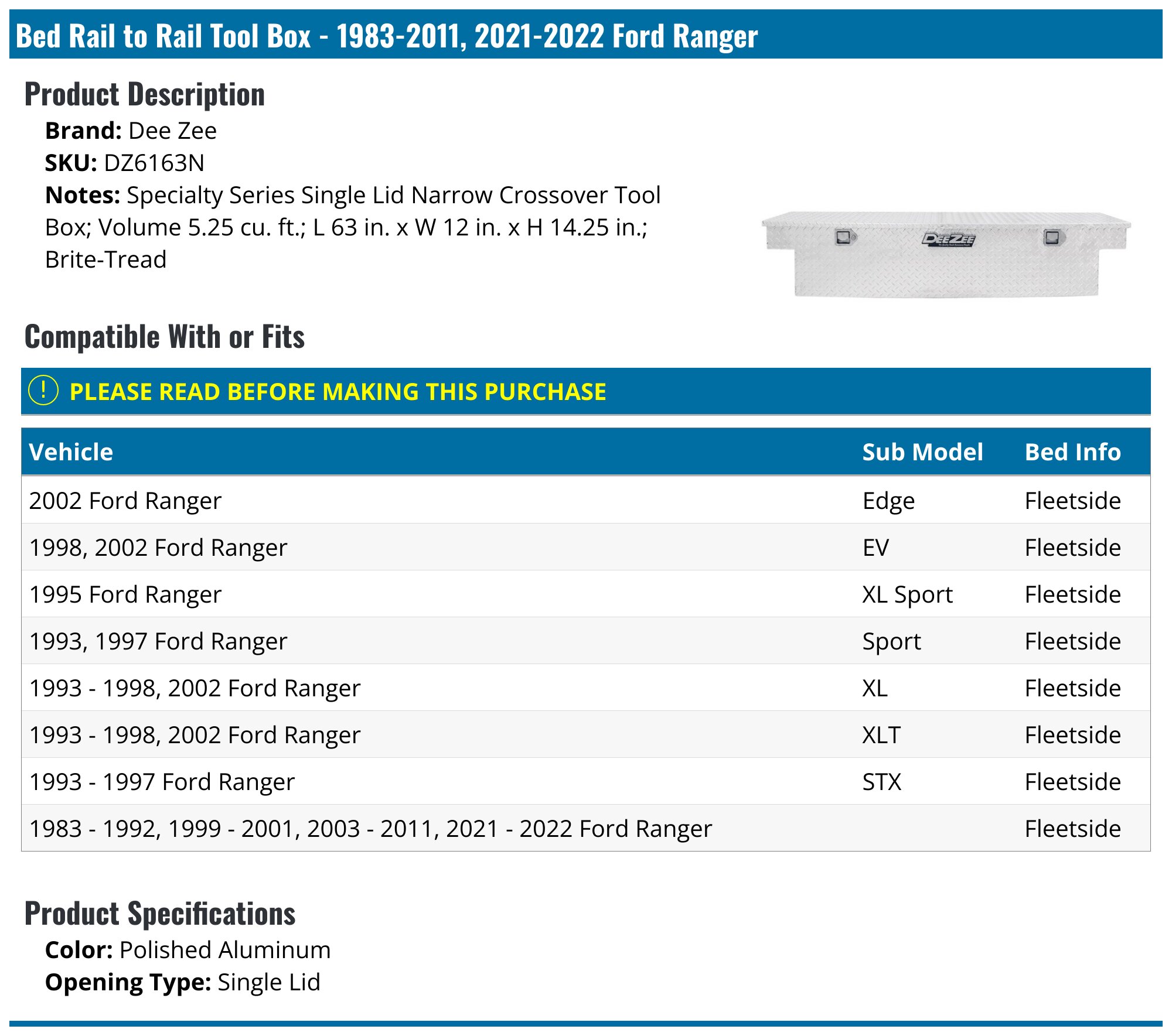 2006-2011, 2019-2023 Ford Ranger Bed Rail to Rail Tool Box - Dee Zee ...