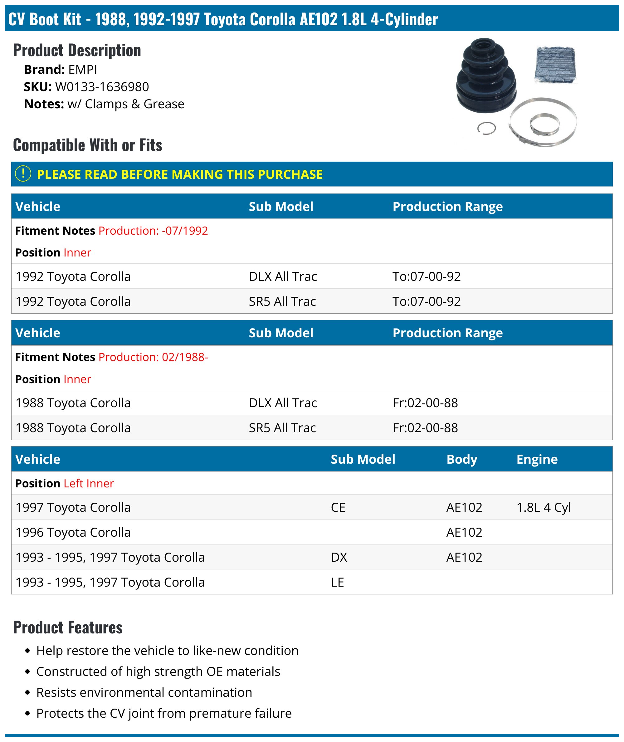 1988, 19921997 Toyota Corolla CV Boot EMPI W01331636980 Inner