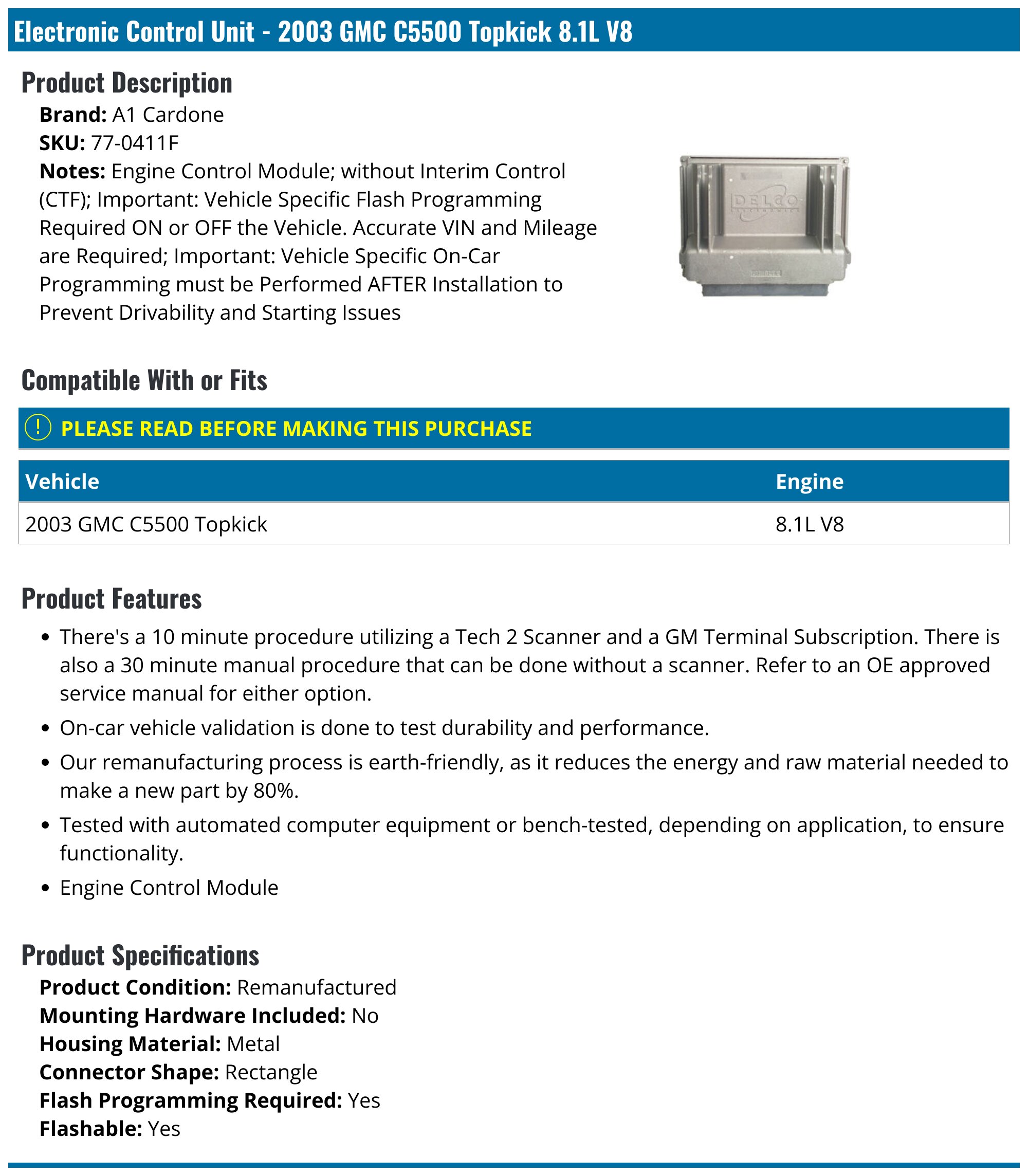 2003 GMC C5500 Topkick Electronic Control Unit - A1 Cardone 77-0411F ...