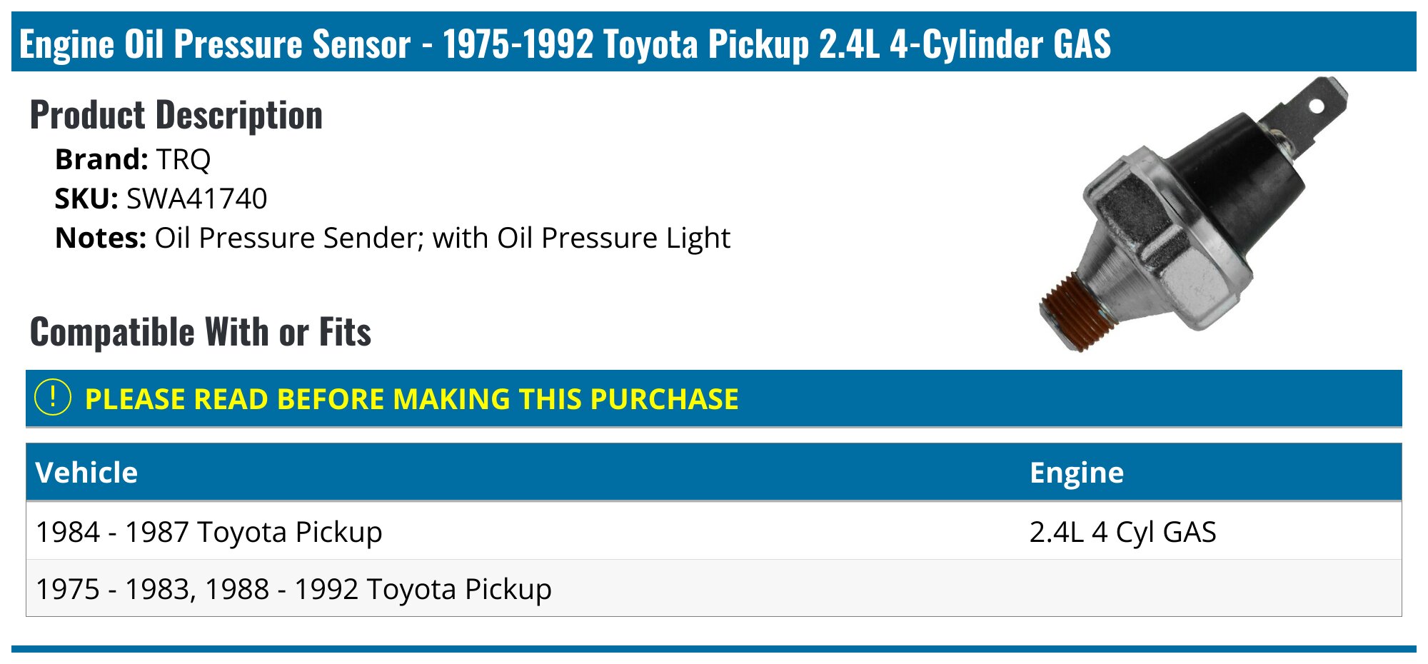 Toyota OEM Engine Oil Pressure Sensor Switch For 79-92 Toyota Pickup - Brand New