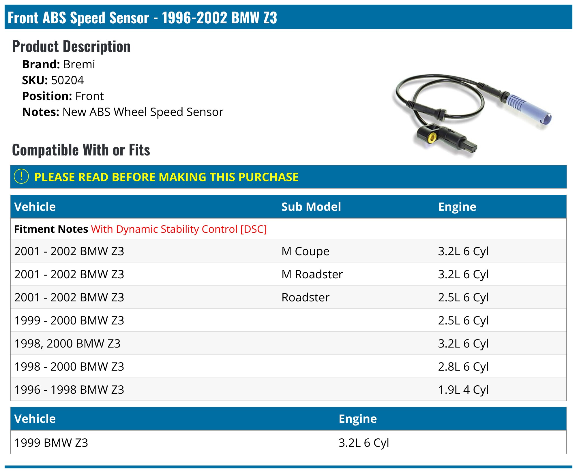 1996-2002 BMW Z3 ABS Speed Sensor - Bremi 50204 - Front - PartsGeek.com