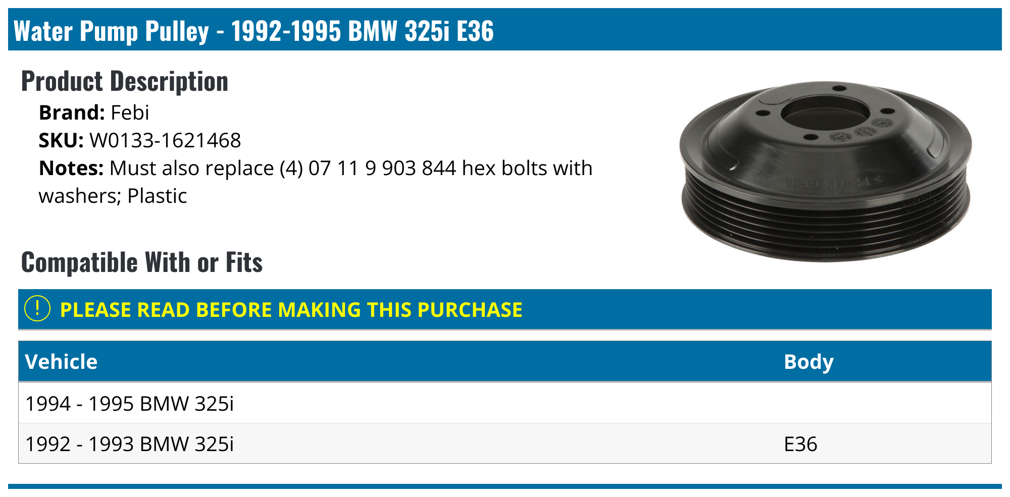 19921995 BMW 325i Water Pump Febi W01331621468
