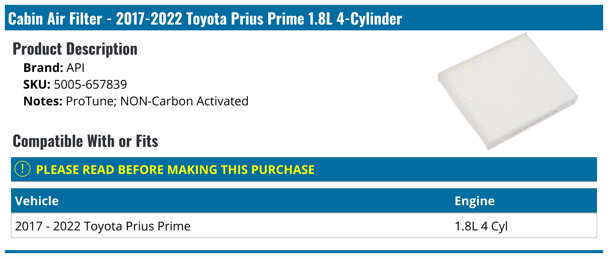 Engine & Carbon Cabin Air Filter for Toyota Corolla Prius AWD-E Prime 1.8L 16-22
