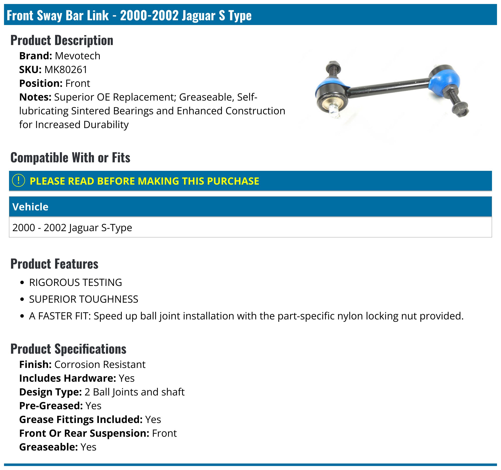 Front Outer Sway Bar Link Kit Set For 2000-2002 Jaguar S-Type - AM Autoparts, Direct Replacement Pair