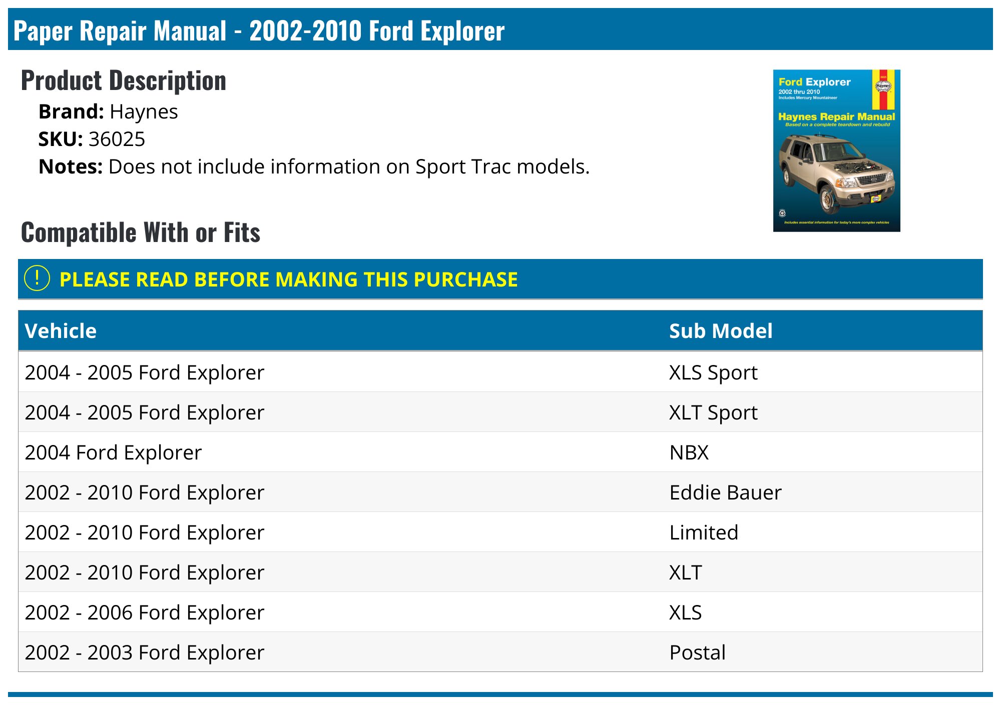 Factory Repair Manual USB For Ford Explorer Sport Trac (2006-2011) - Digital Service Manual