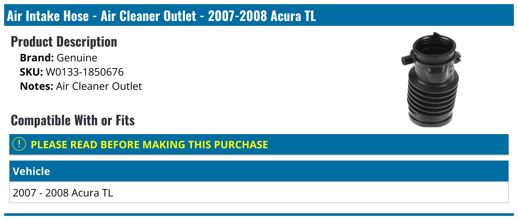 Air Flow Tube Air Intake Hose 17228-RL5-A00