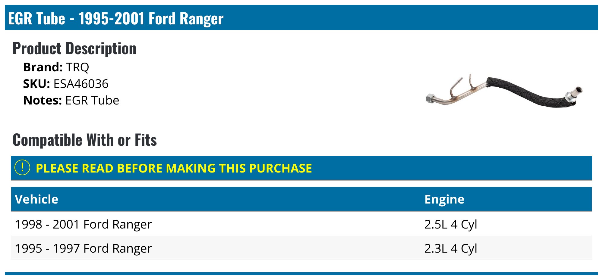 1995-2001 Ford Ranger EGR Tube - TRQ ESA46036 - PartsGeek.com