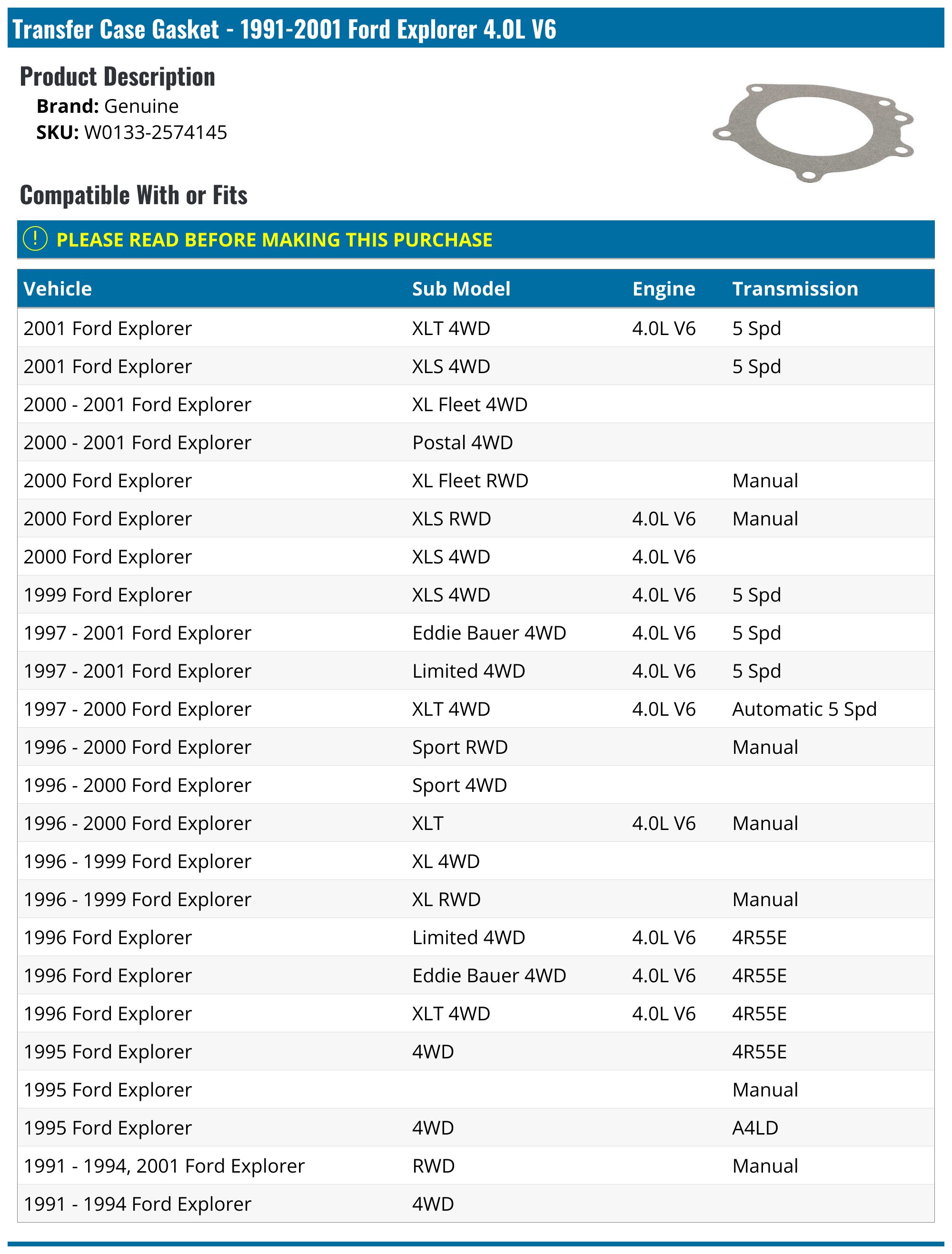 19912001 Ford Explorer Transfer Case Gasket Genuine W01332574145