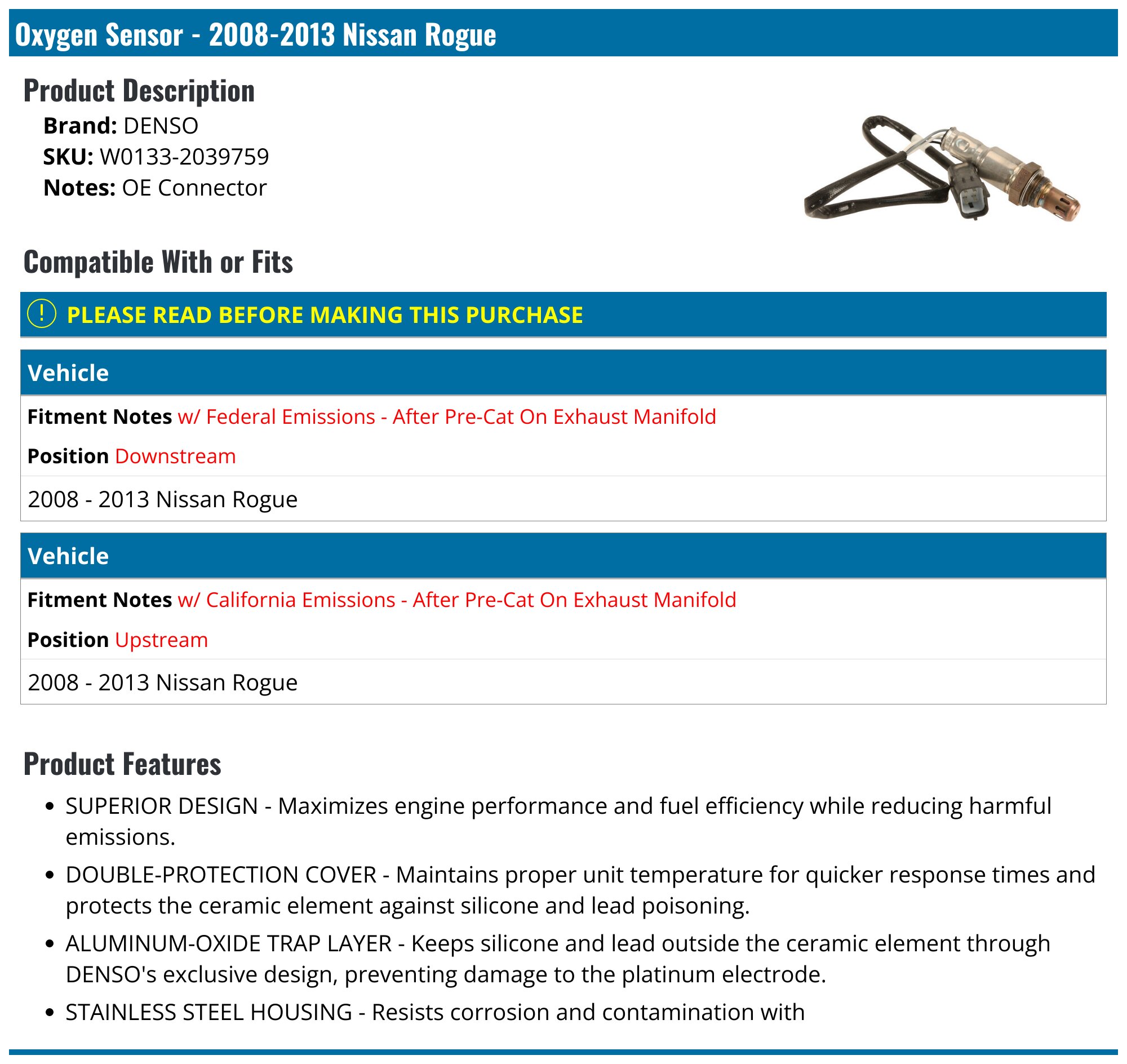 Upstream O2 Oxygen Sensor for Nssan Rogue 2.5L 2008-2013 nfnt 234