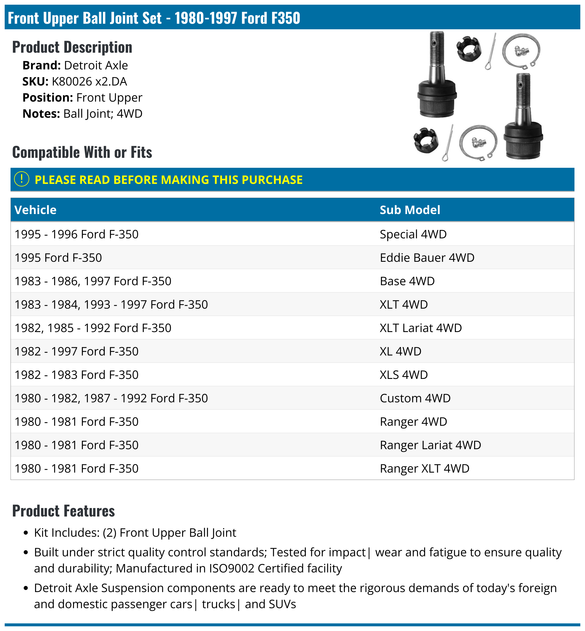 19801997 Ford F350 Ball Joint Detroit Axle K80026 x2.DA Front