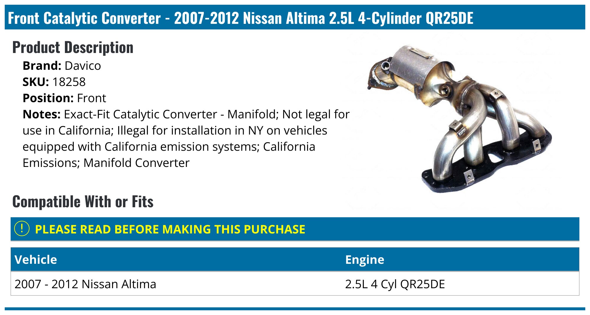 Catalytic Converter & Exhaust Manifold For 2007-2012 Nissan Altima 2.5L - Direct Fit