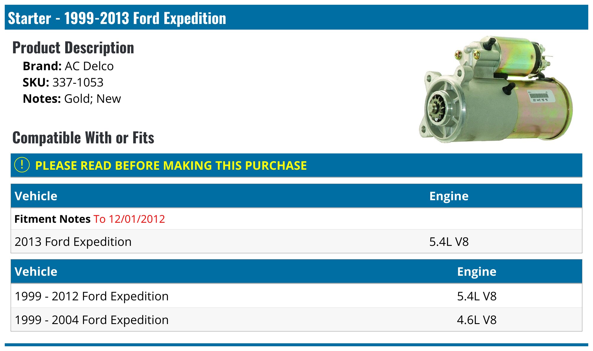 Starter Replacement for Ford Excursion 00-05,Expedition 99-13 F