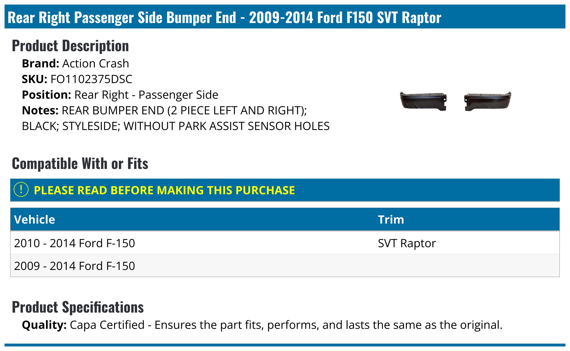 Chrome Rear Bumper For 2009-2014 Ford F-150 – With Parking Sensor Holes (Steel)