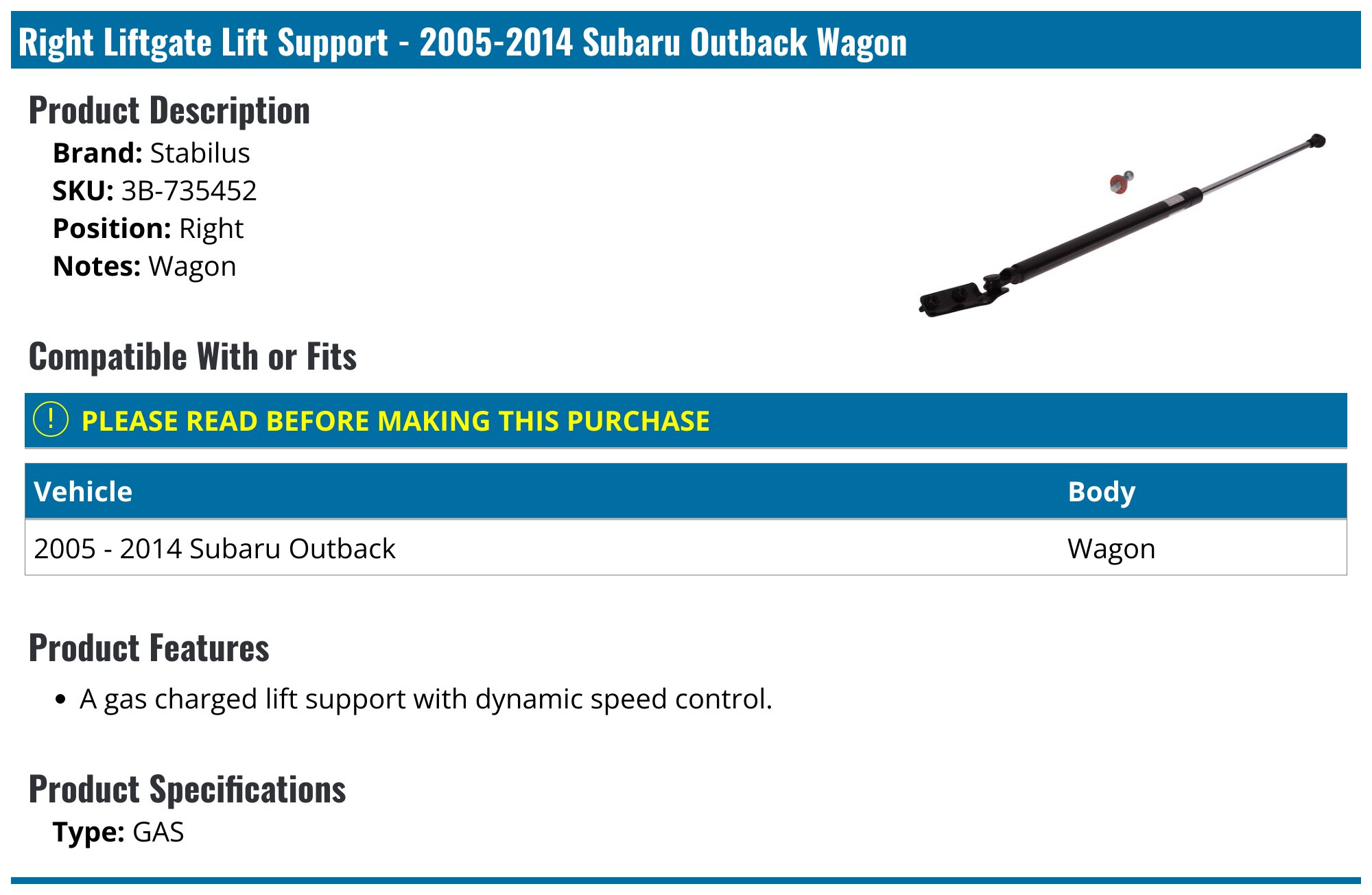 Hood Lift Support Set of 2 Fits 2010-2014 Subaru Outback
