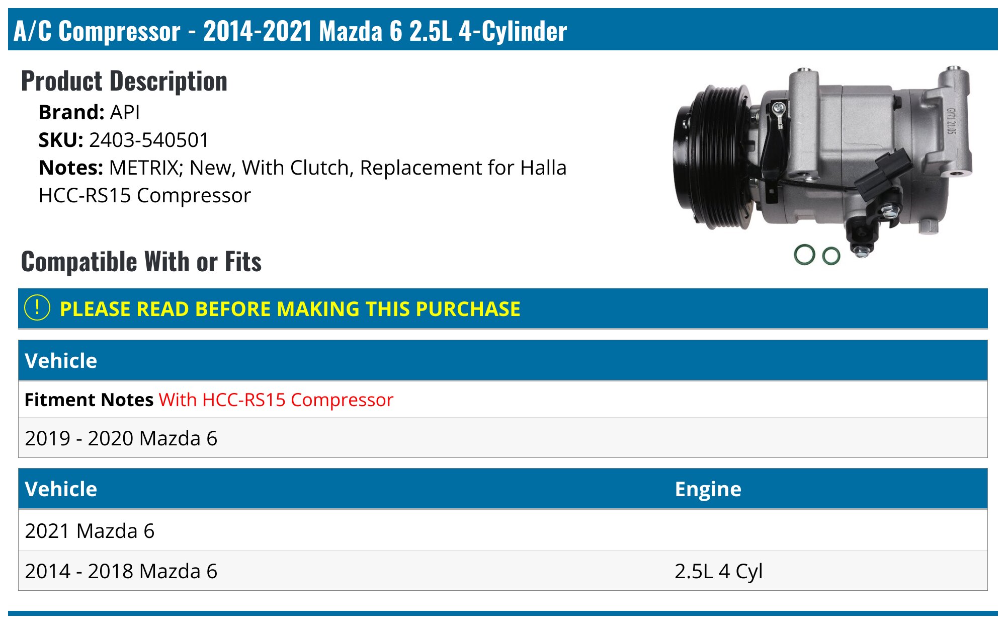 2014-2021 Mazda 6 A/C Compressor - API 125096-02343245 - PartsGeek.com