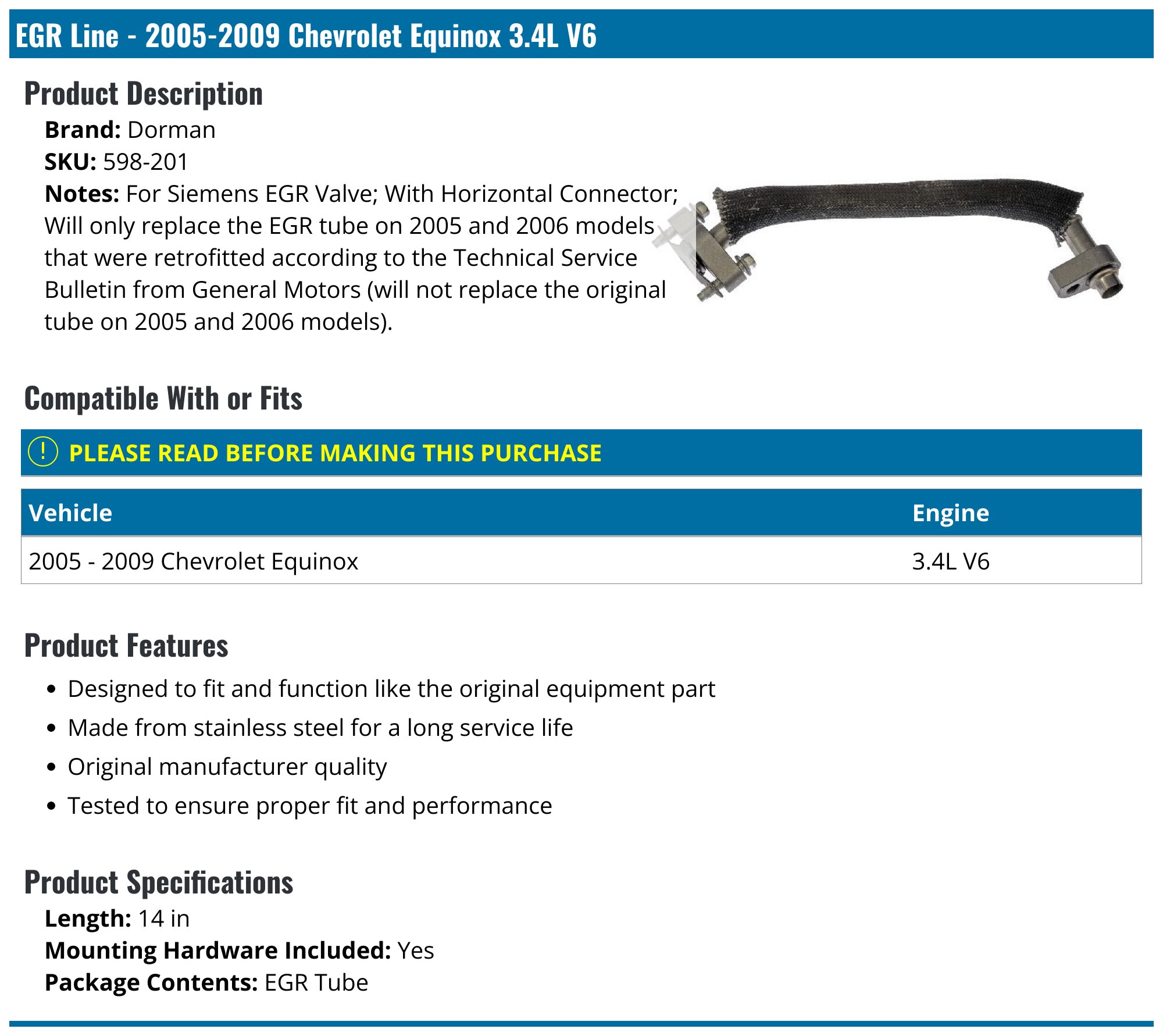 2005-2009 Chevrolet Equinox EGR Tube - Dorman 598-201 - PartsGeek.com, image size:2000x1781