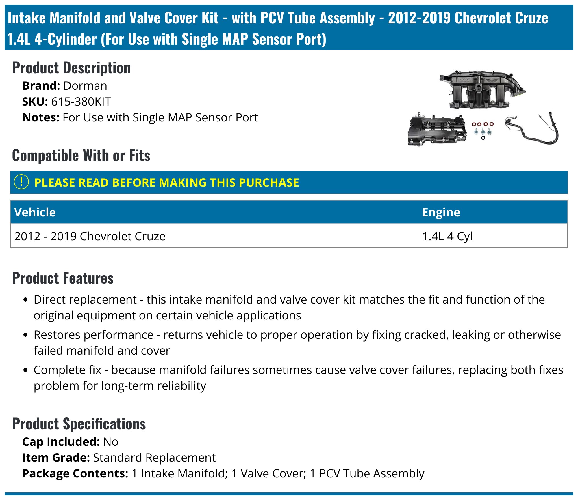 20122017 Chevrolet Cruze Intake Manifold Dorman 615380KIT