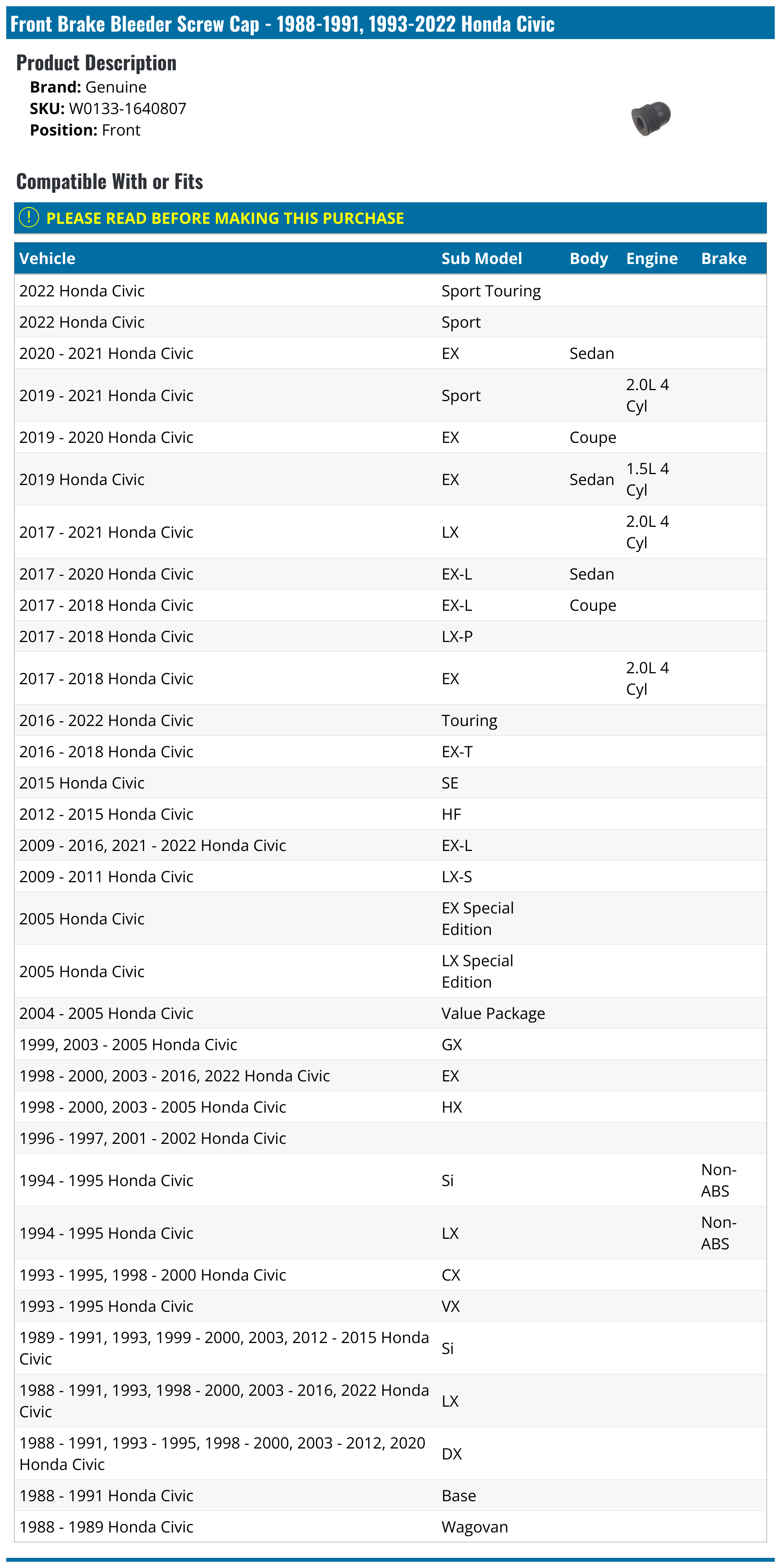 19881991, 19932023 Honda Civic Brake Bleeder Screw Cap Genuine