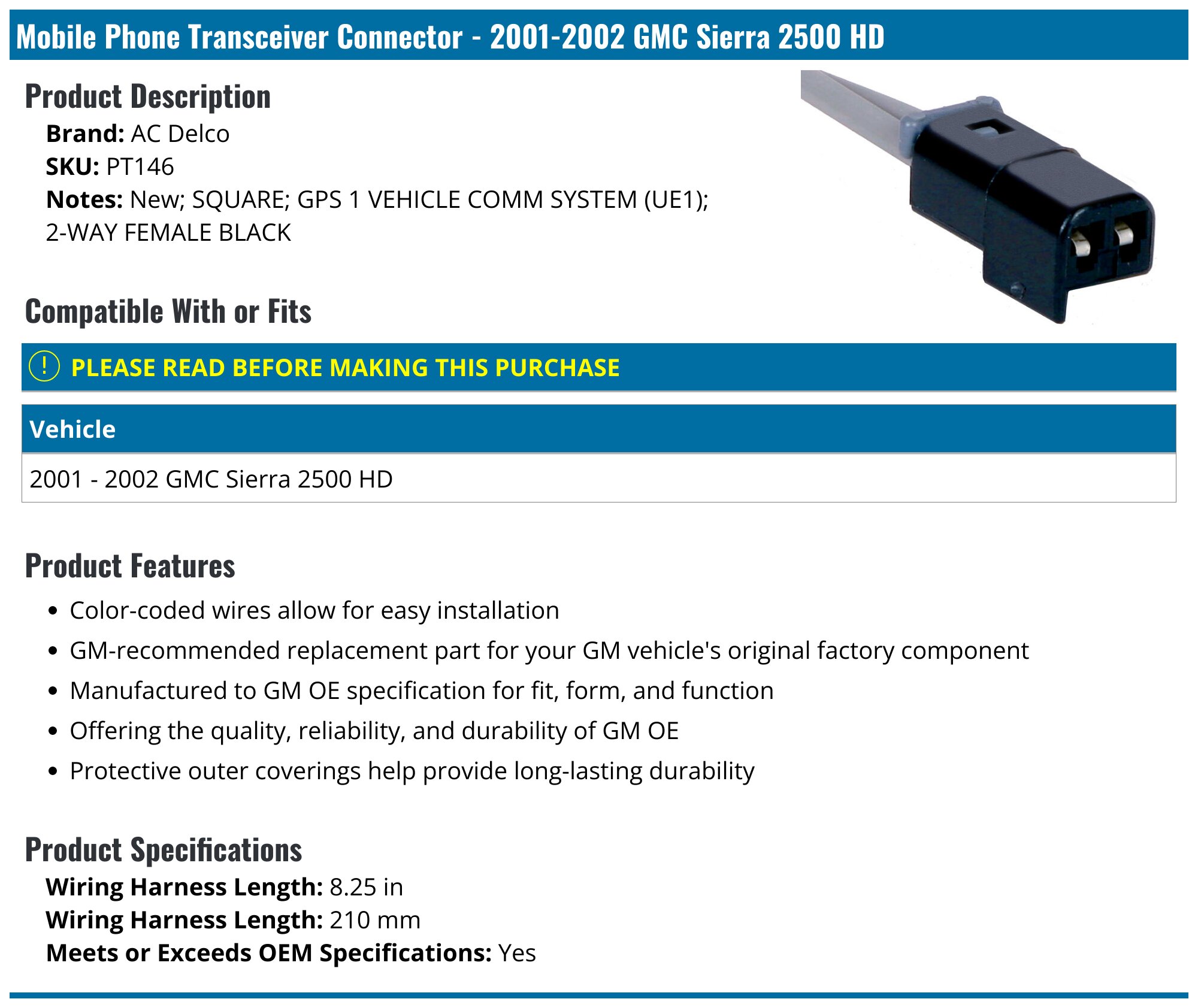 20012002 GMC Sierra 2500 HD Mobile Phone Transceiver Connector AC