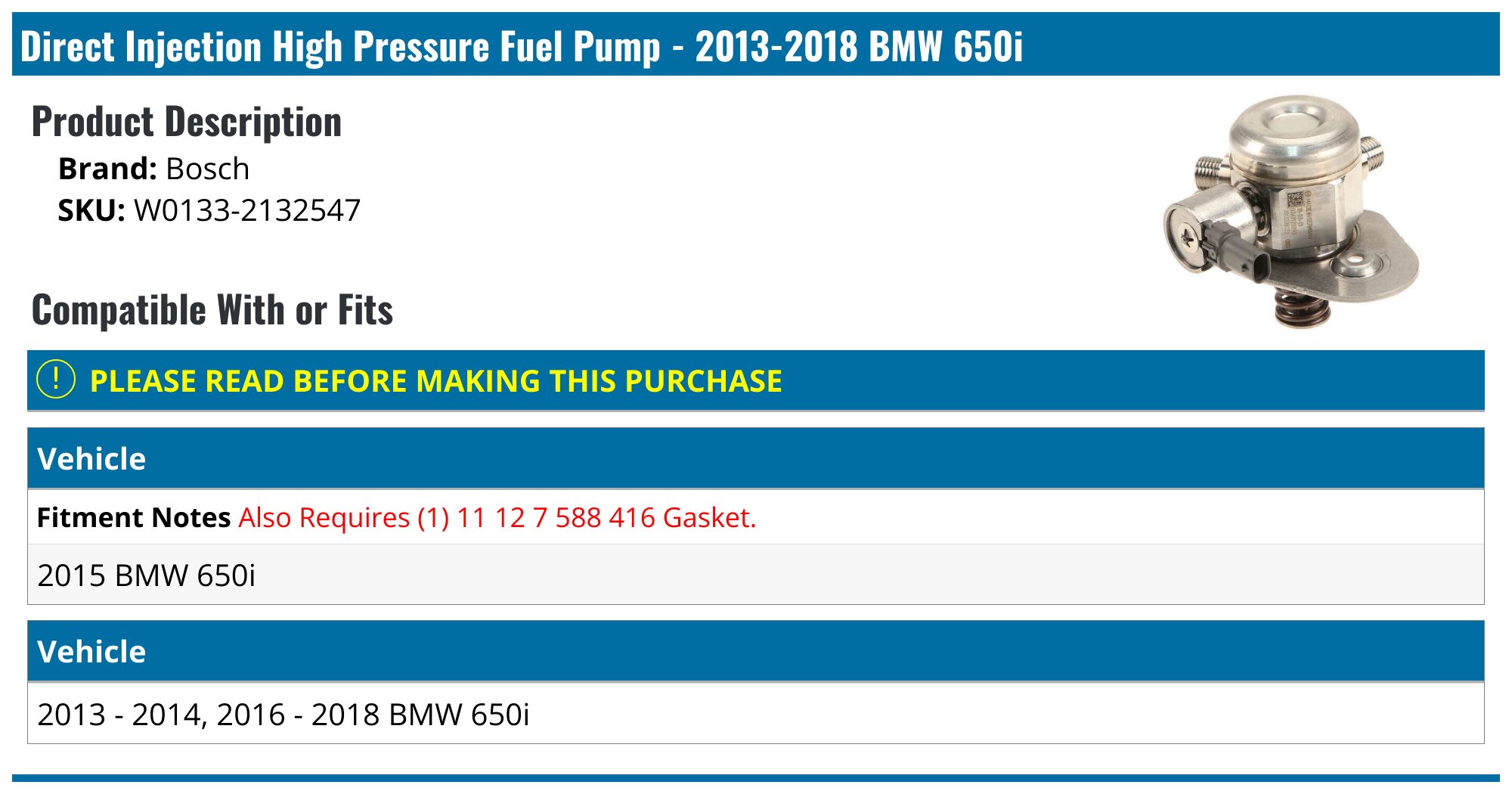 2013-2018 BMW 650i Fuel Pump - Bosch W0133-2132547 - PartsGeek.com