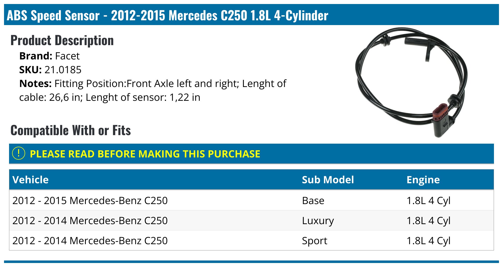 Bosch ABS Wheel Speed Sensor – Front, For Mercedes W204 C250 C350, 0986594548