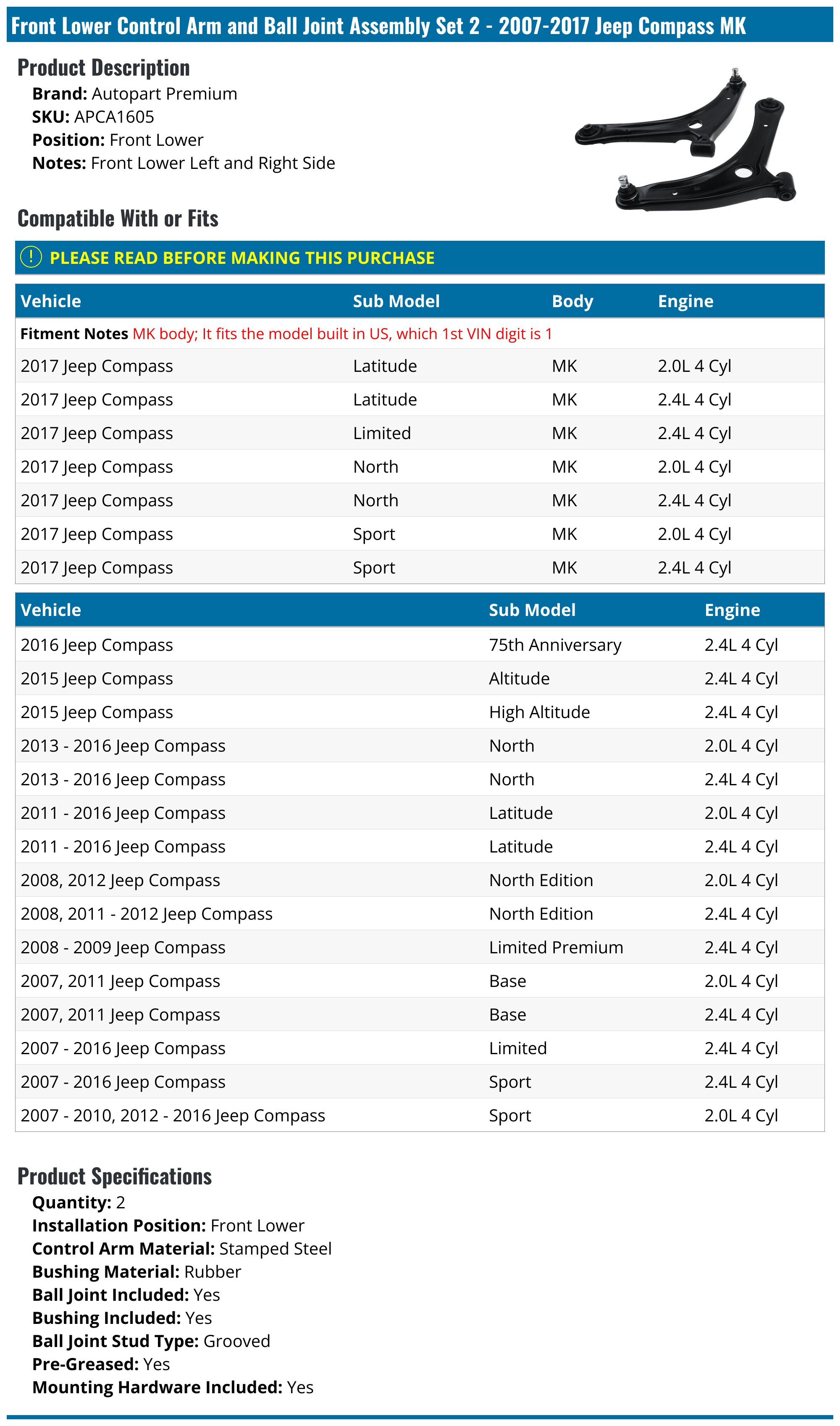 2004 Honda Civic Control Arm Front Right Lower Control Arm - Sedan - Excluding Si Models 93-00469-an