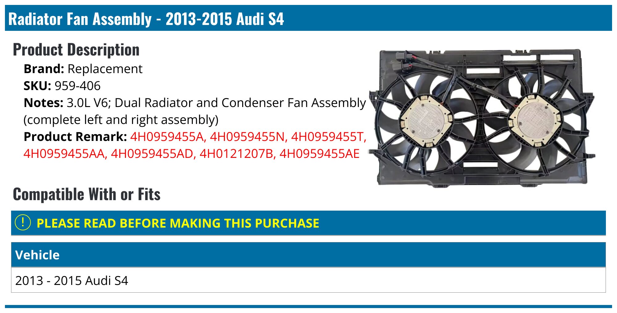 Radiator & AC Condenser Dual Cooling Fan Assembly For Audi A4, A5, S4, S5 - AM Autoparts, 10-Year Warranty | 2008-2015 Models 9 thumbnail image