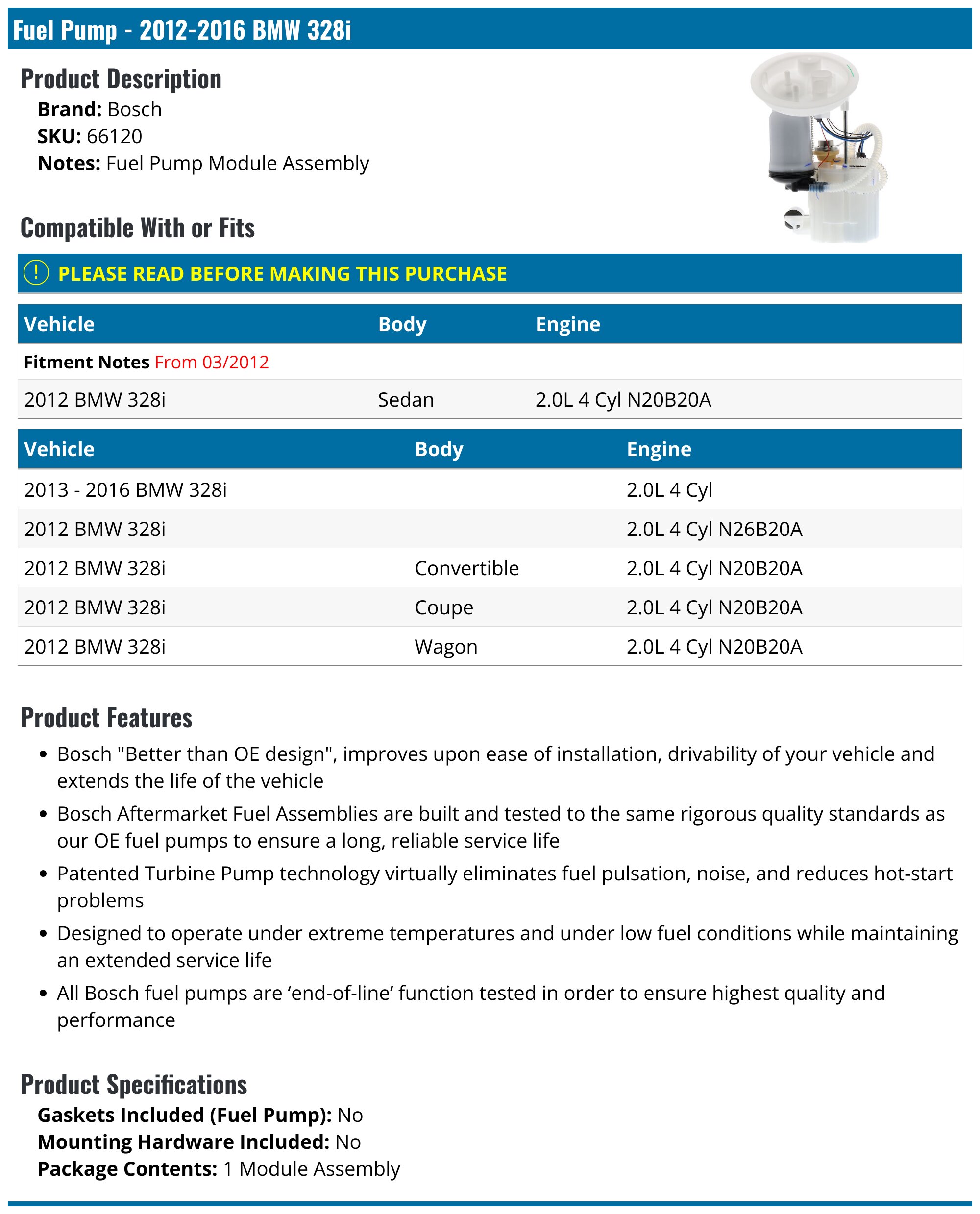 2012-2016 BMW 328i Fuel Pump - Bosch 66120 - PartsGeek.com