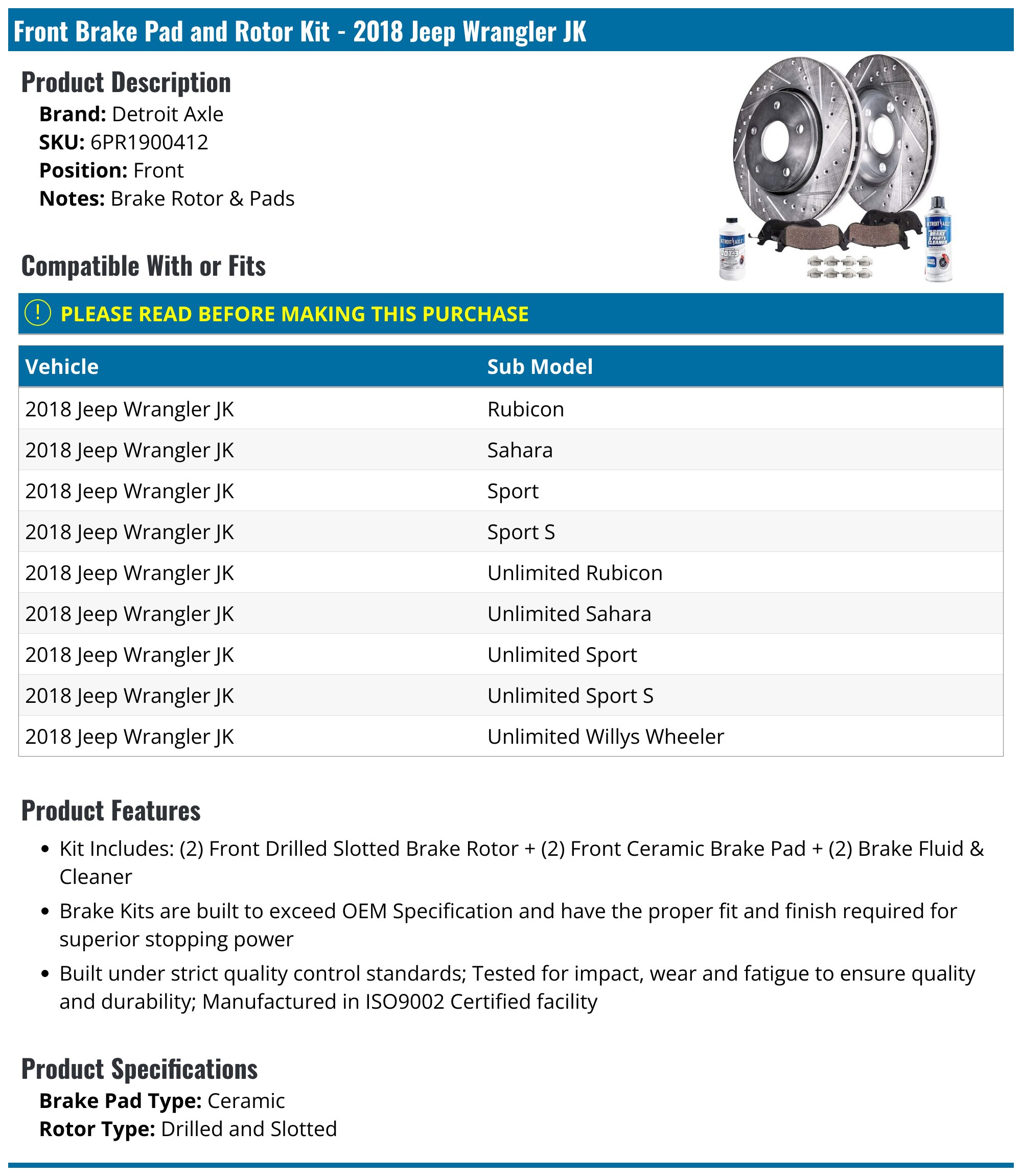 2018 Jeep Wrangler JK Brake Rotor - Detroit Axle 6PR1900412 - Front ...