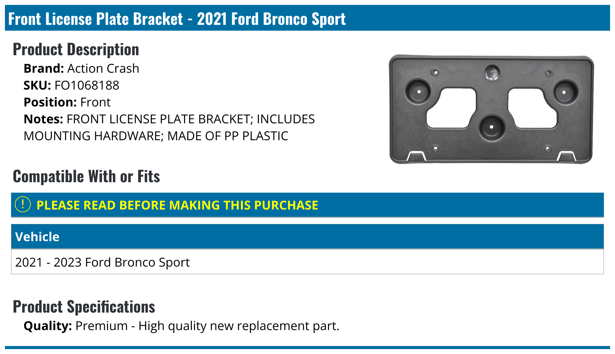 20212023 Ford Bronco Sport License Plate Bracket Action Crash