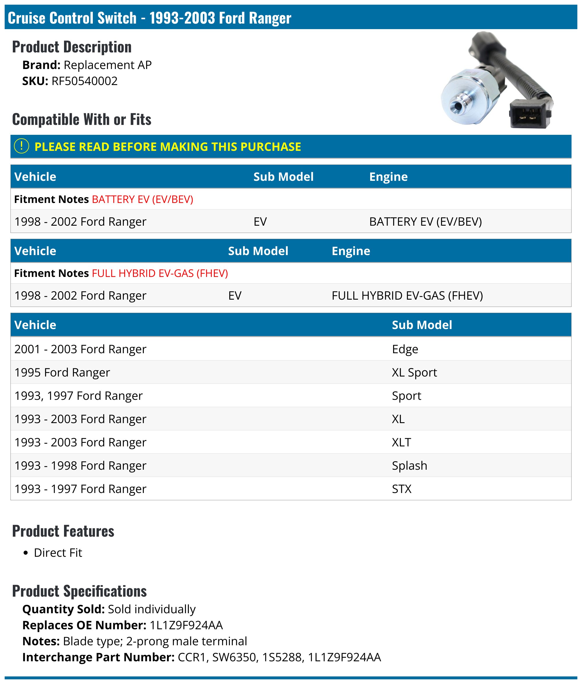 1993-2003 Ford Ranger Cruise Control Switch - Replacement AP RF50540002 ...