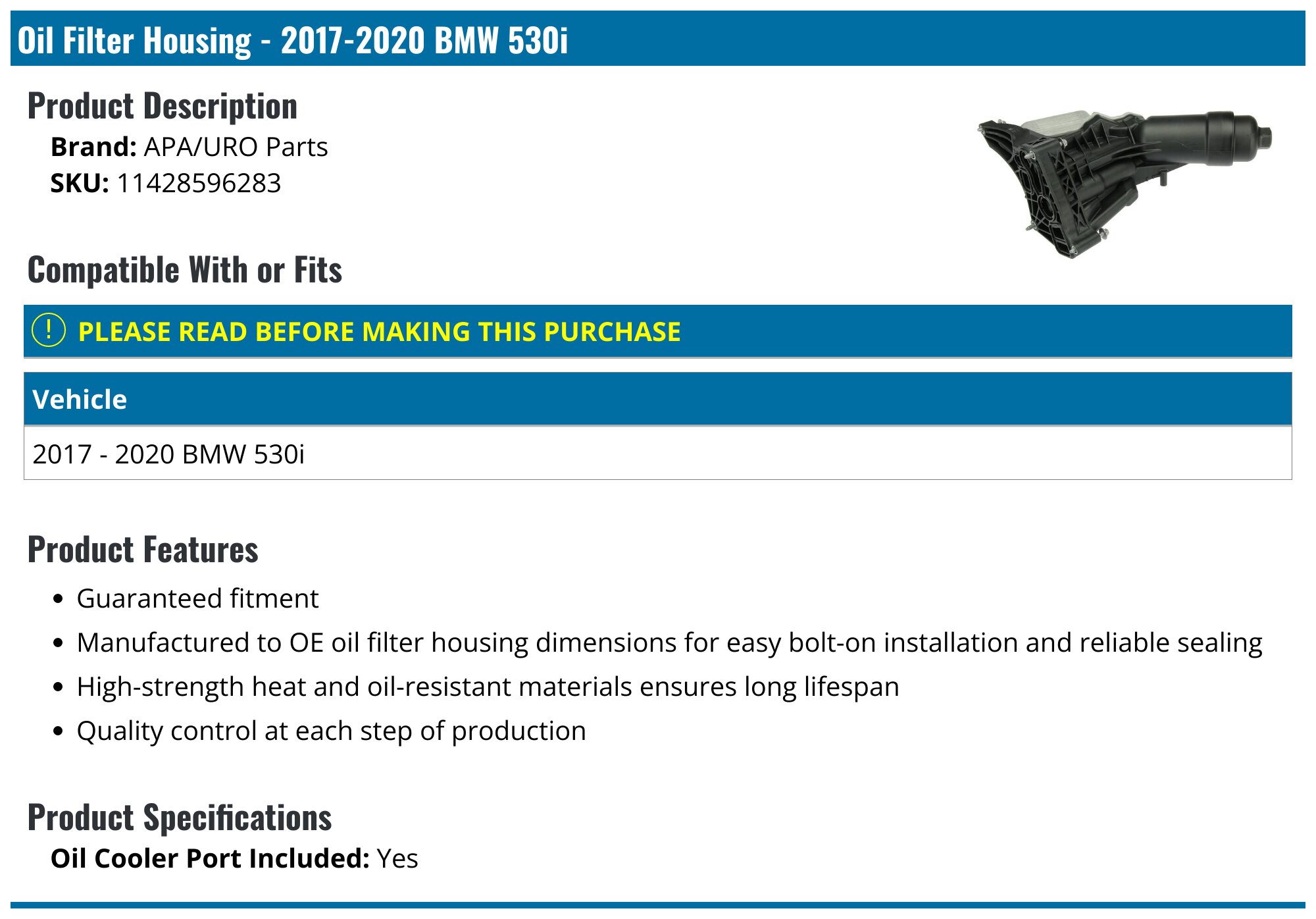 2017-2019 BMW 530i Oil Filter Housing - APA/URO Parts 11428596283 ...