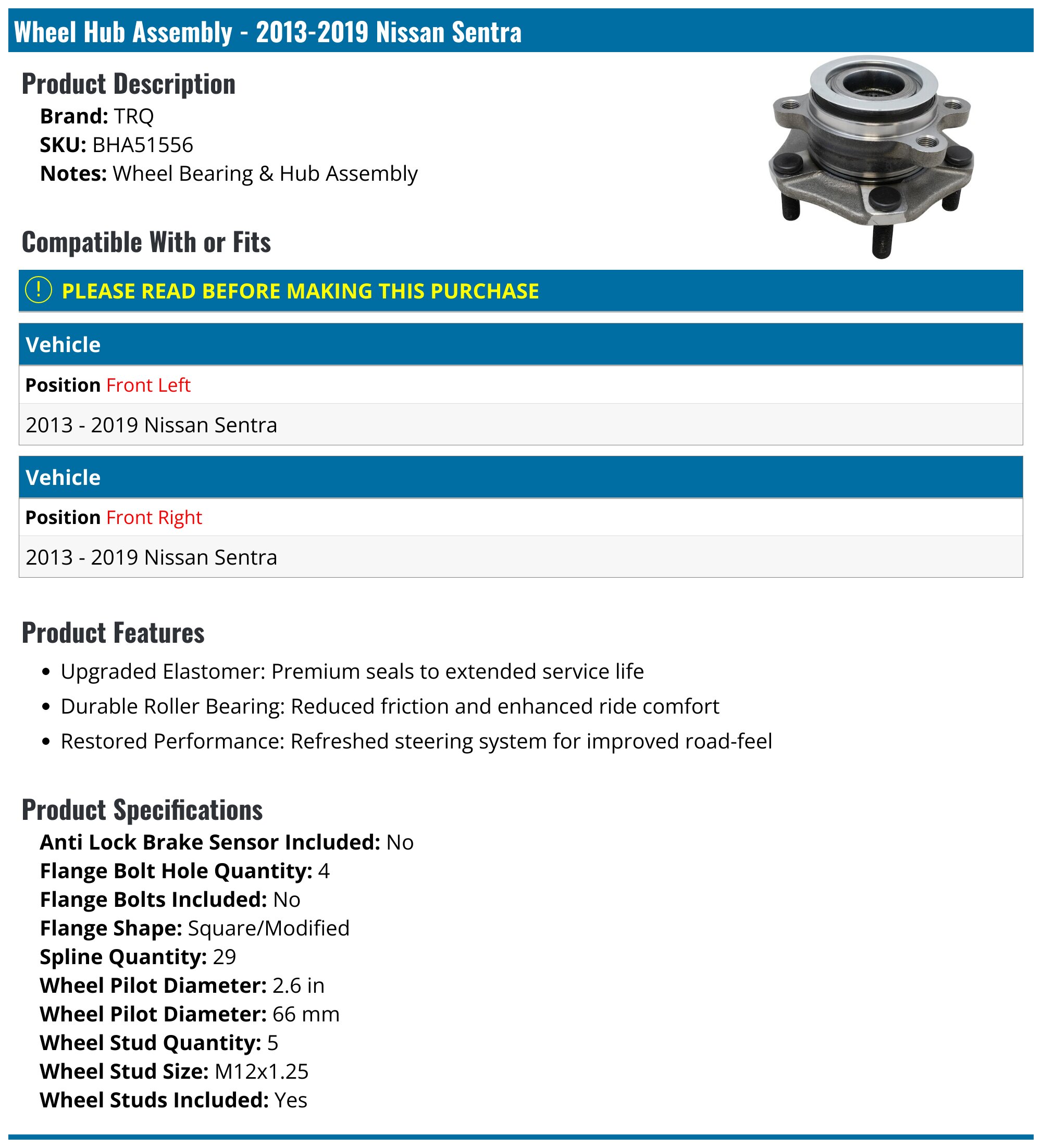 Front Wheel Hub Bearing Assembly For 2013-2019 Nissan Sentra - Left Or Right Side, 5-Lug