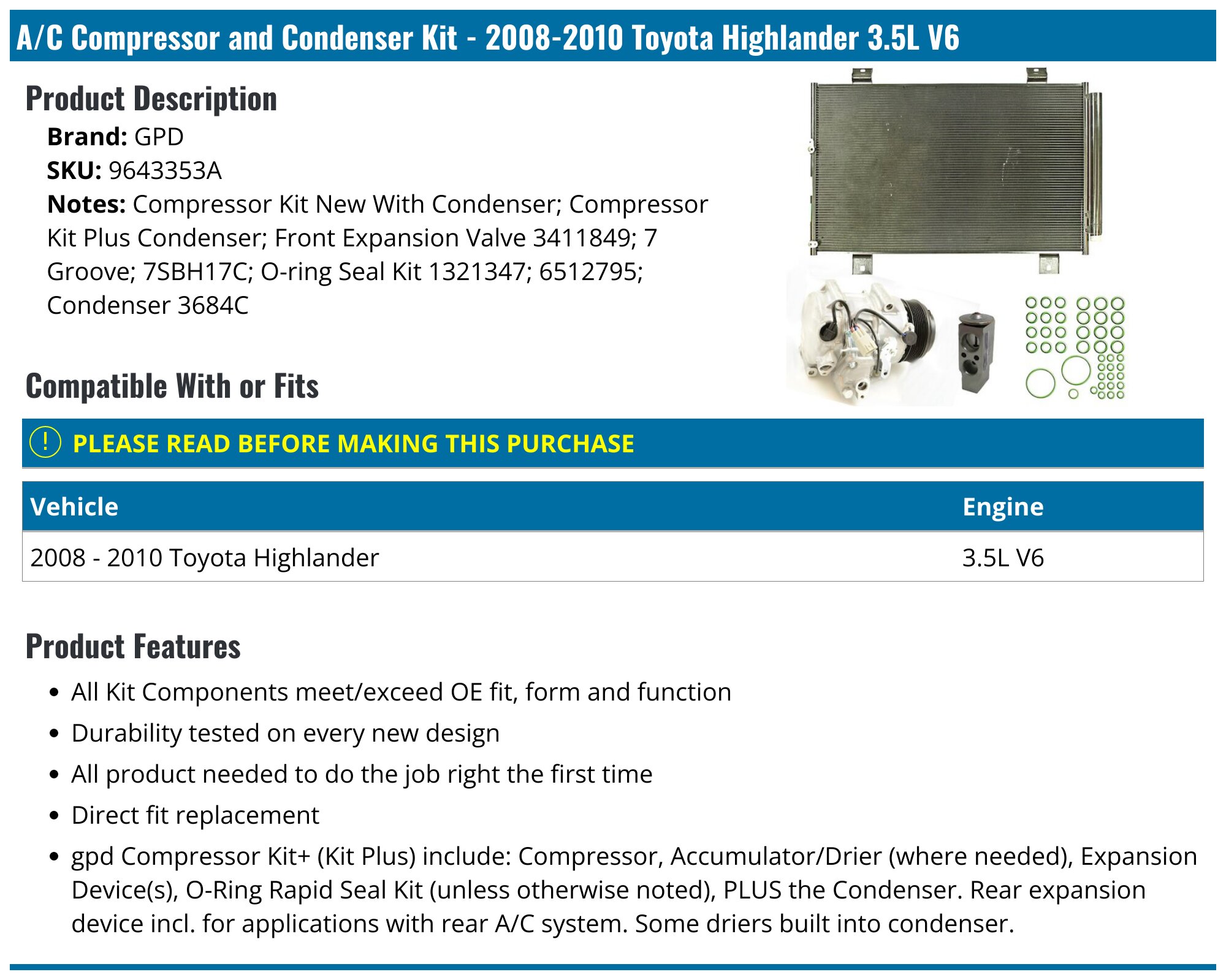 2008-2010 Toyota Highlander A/C Compressor - GPD 9643353A - PartsGeek.com