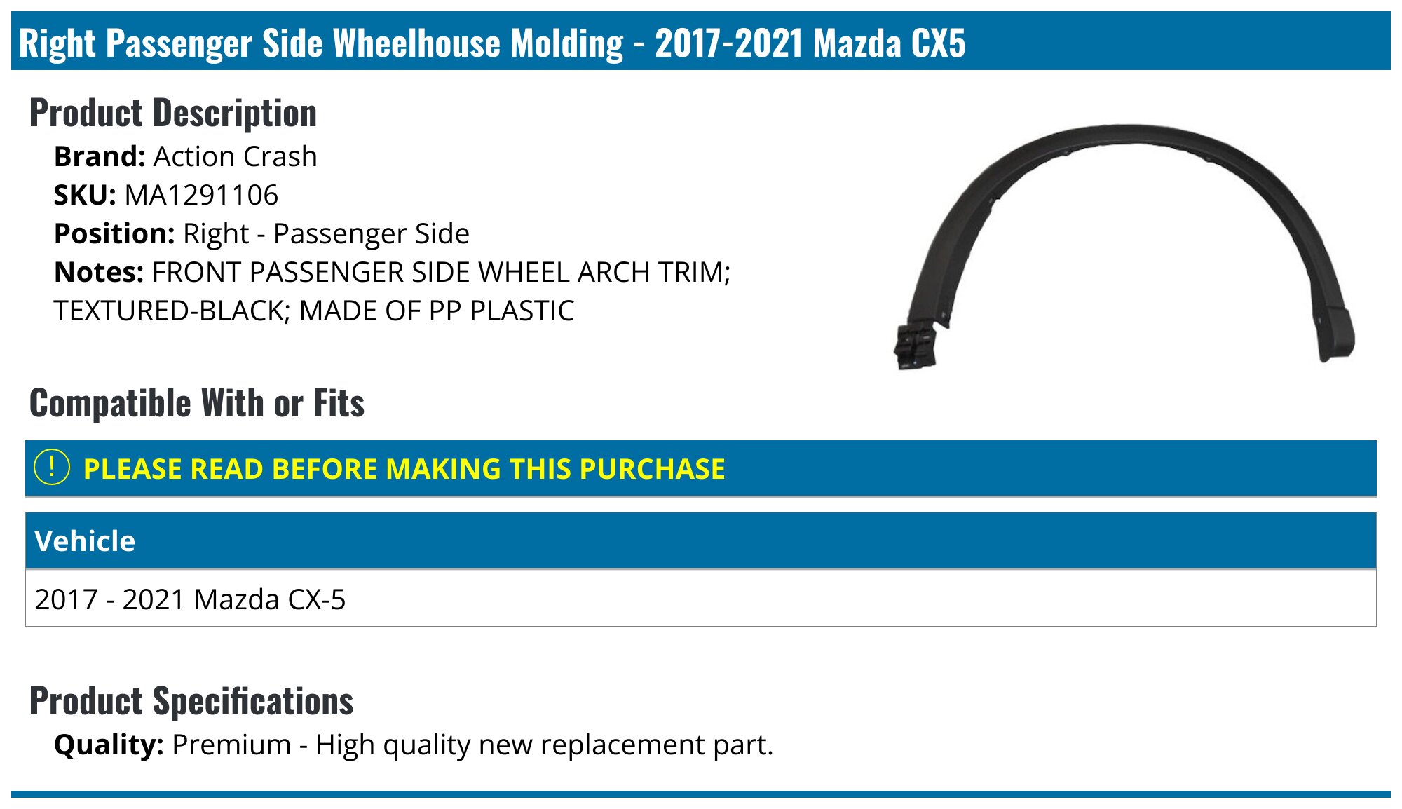 2017-2021 Mazda CX5 Wheelhouse Molding - Action Crash MA1291106
