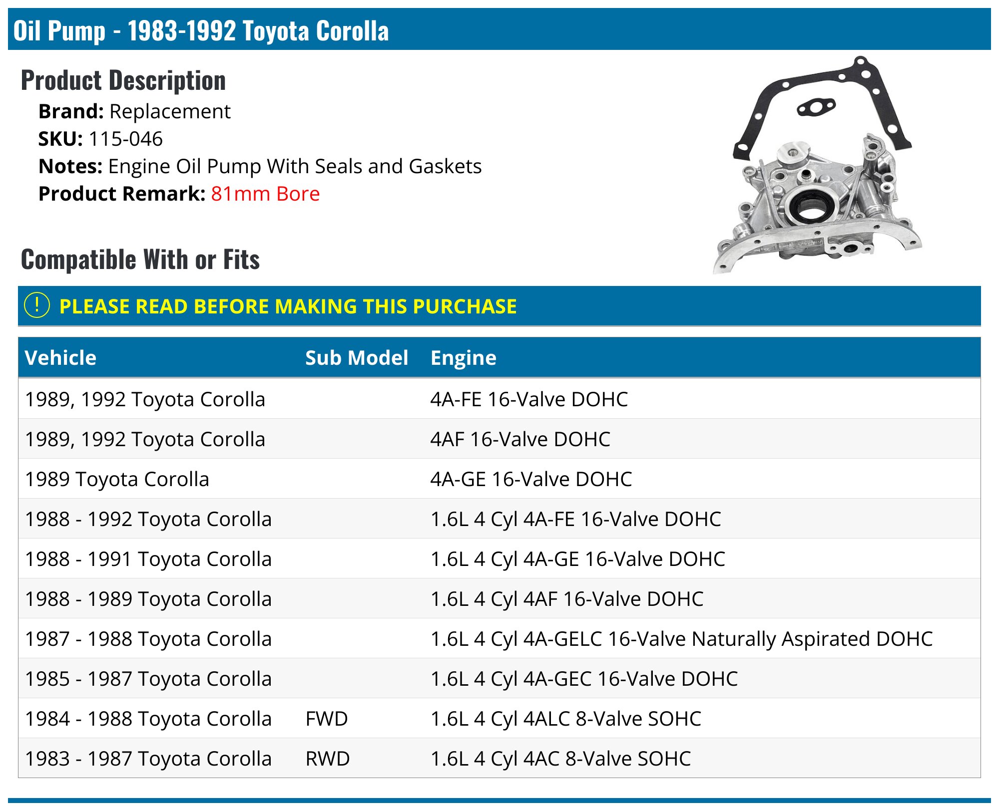 1983-1992 Toyota Corolla Oil Pump - Replacement 115-046 - PartsGeek.com