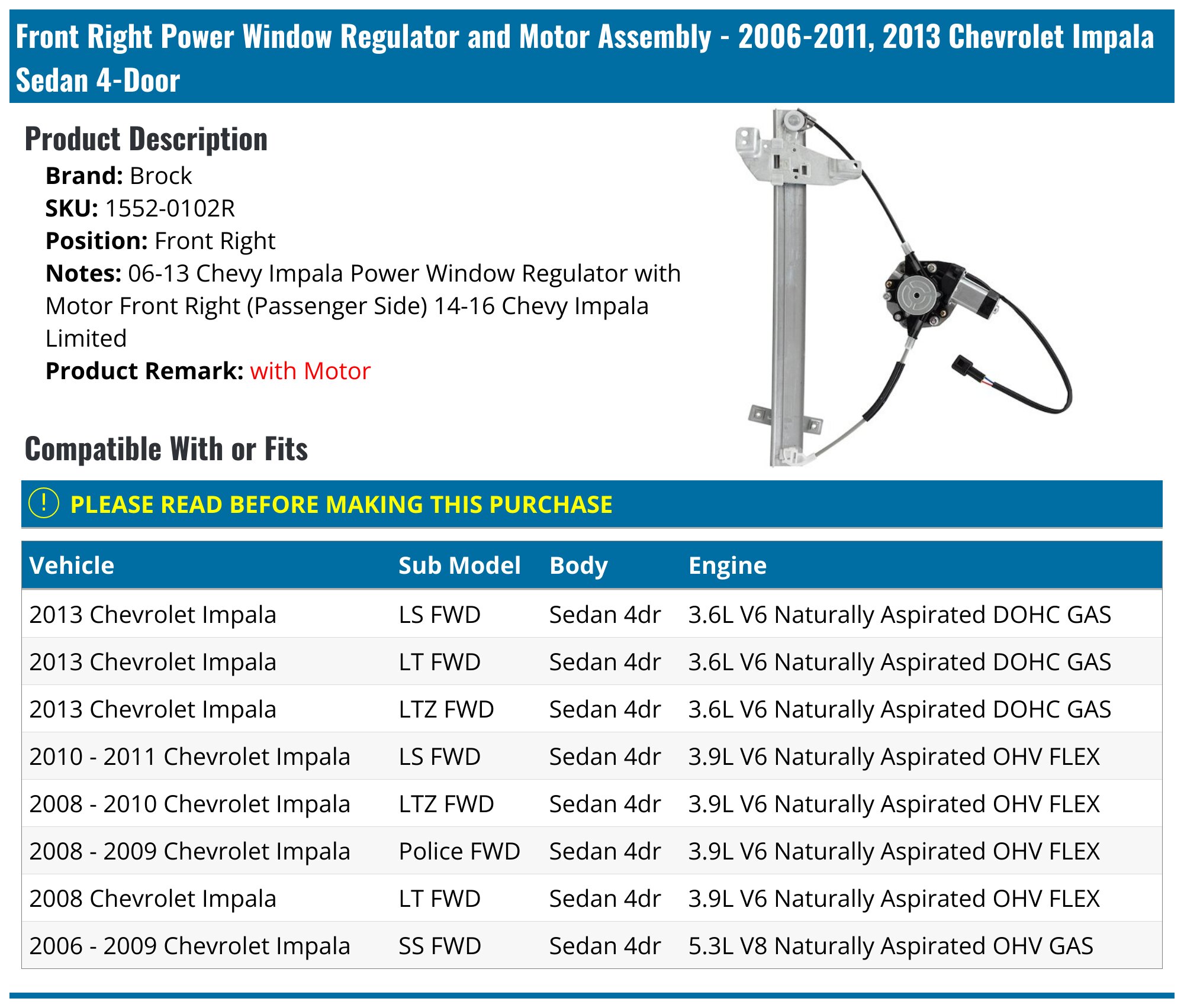 Topcnautop Power Window Regulator With Motor – Front Left For 2006-2013 Chevy Impala