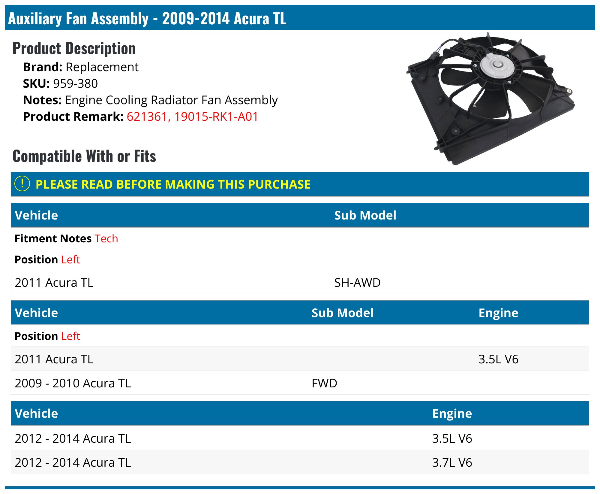 AM Autoparts A/C Condenser Cooling Fan Assembly – Fits 2009-2012 Acura TL – Passenger Side – 10 Year Warranty