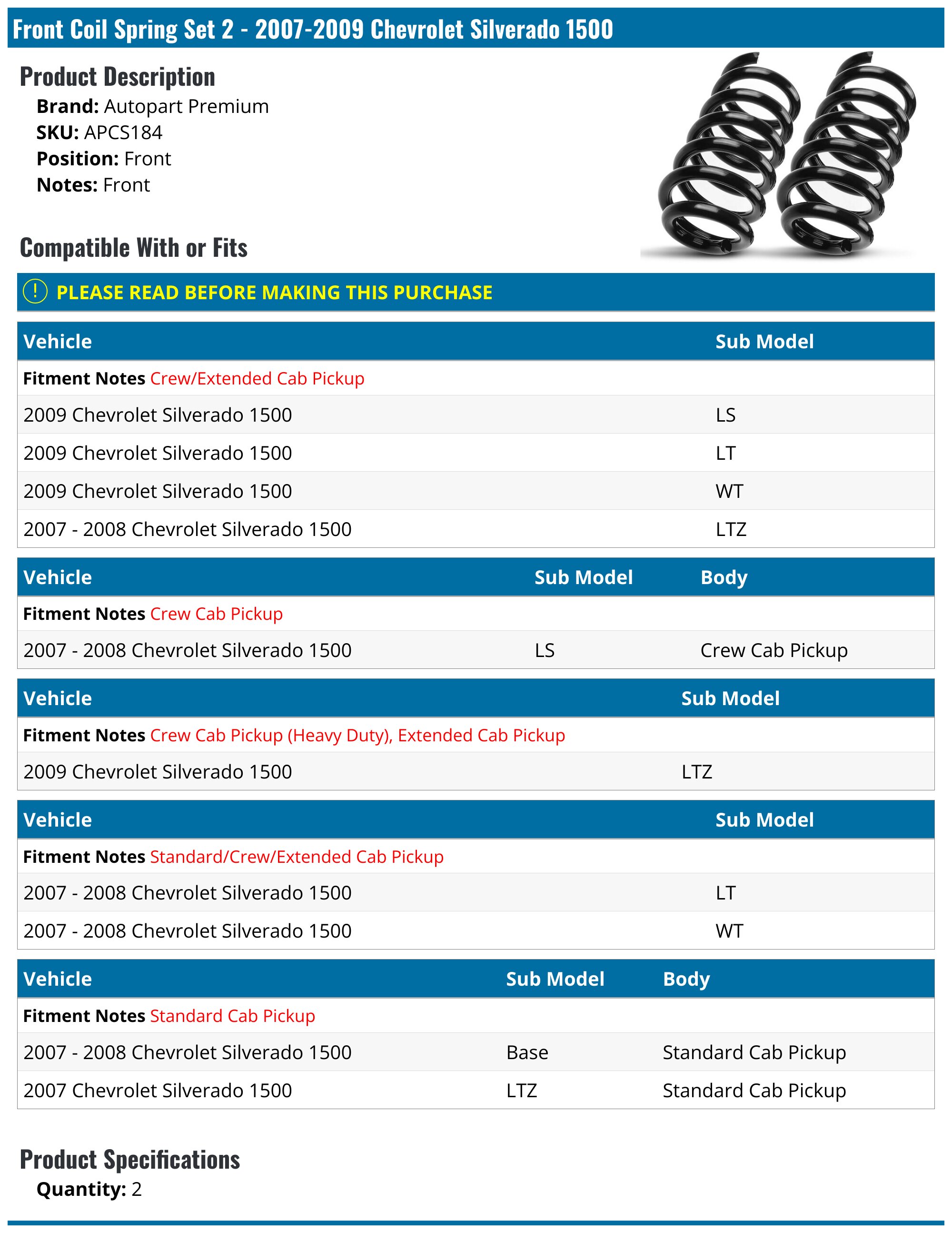 2007-2009 Chevrolet Silverado 1500 Coil Spring - Autopart Premium ...