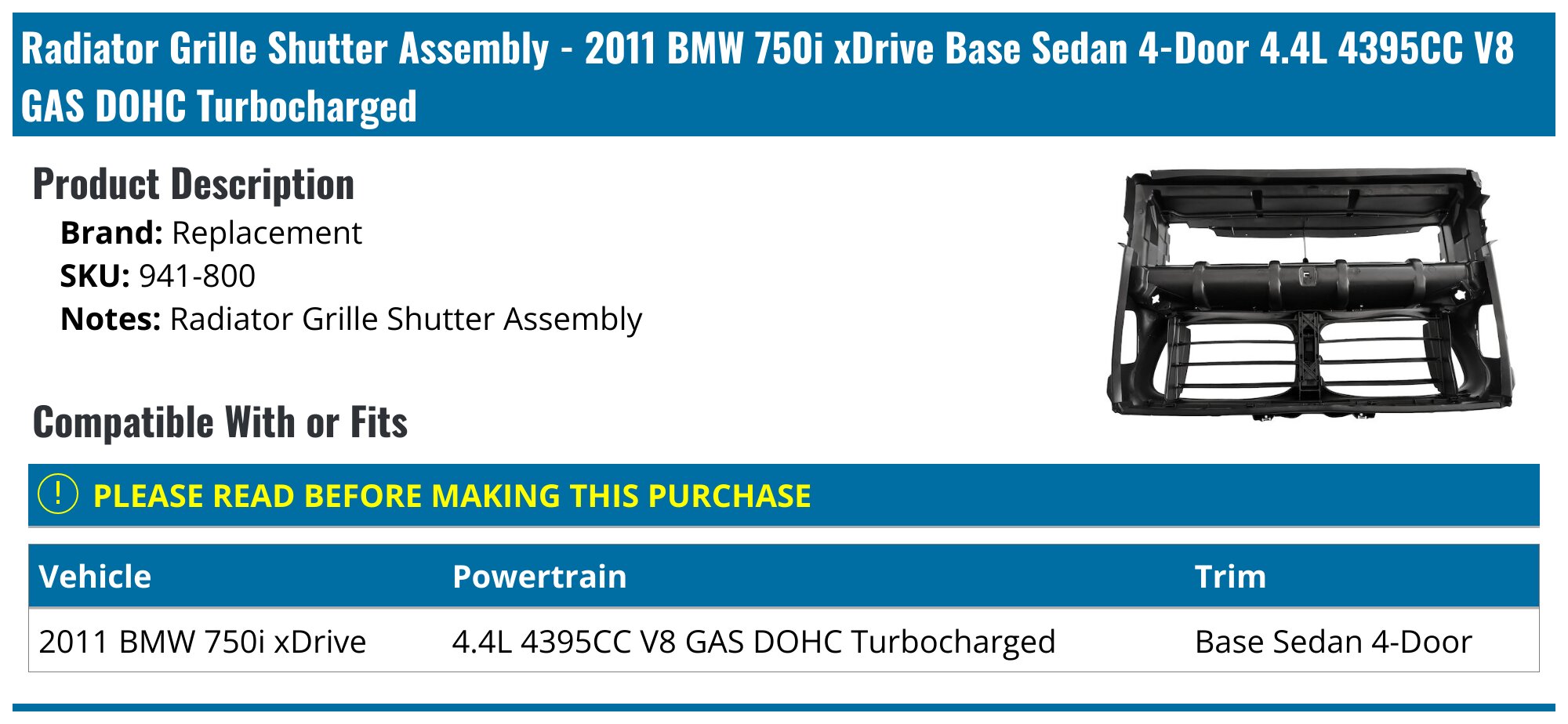 2011 BMW 750i xDrive Radiator Shutter Assembly - Replacement 941-800 ...
