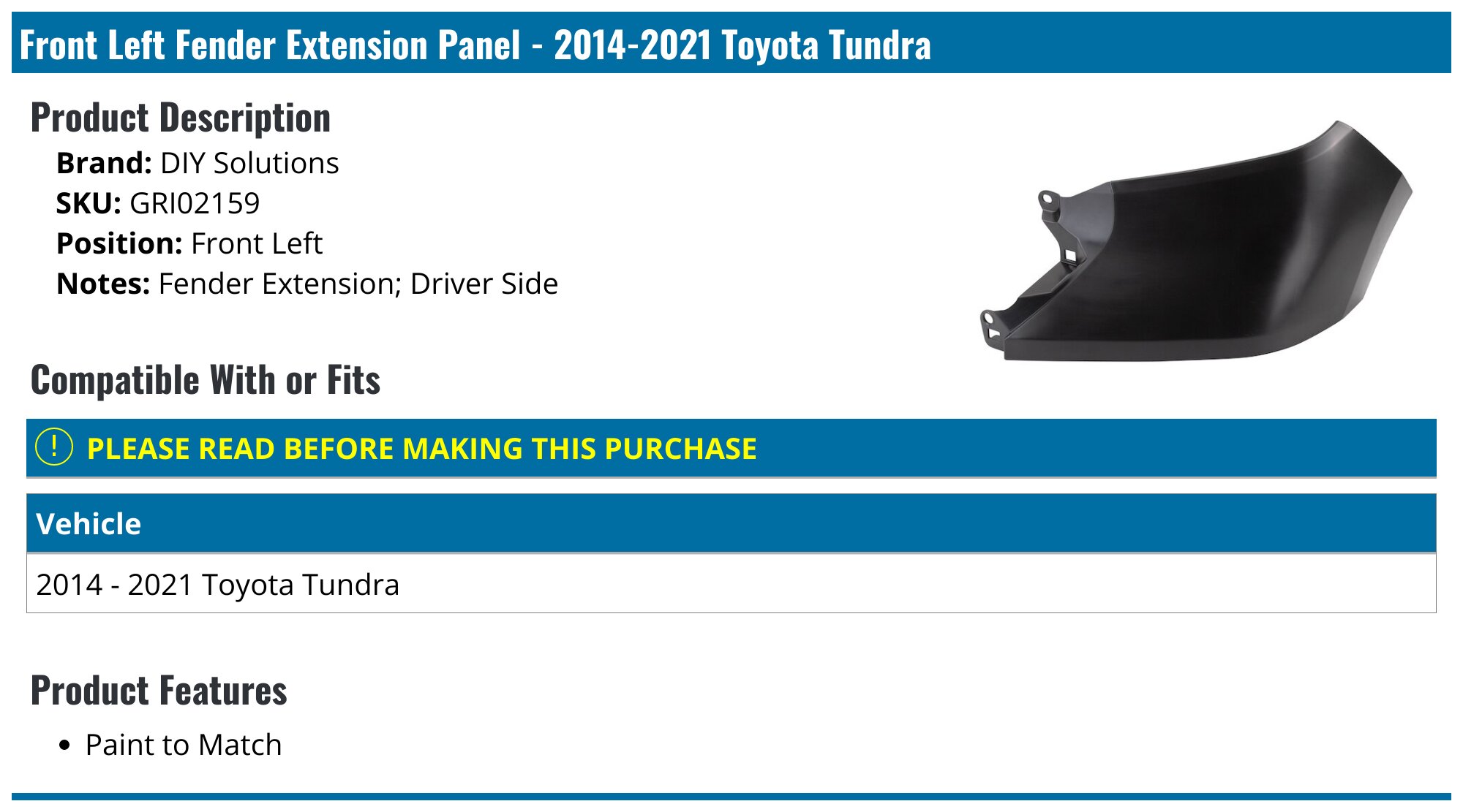 Painted Front Driver LH Fender Extension For Toyota Tundra – Super White 040, Direct Fit