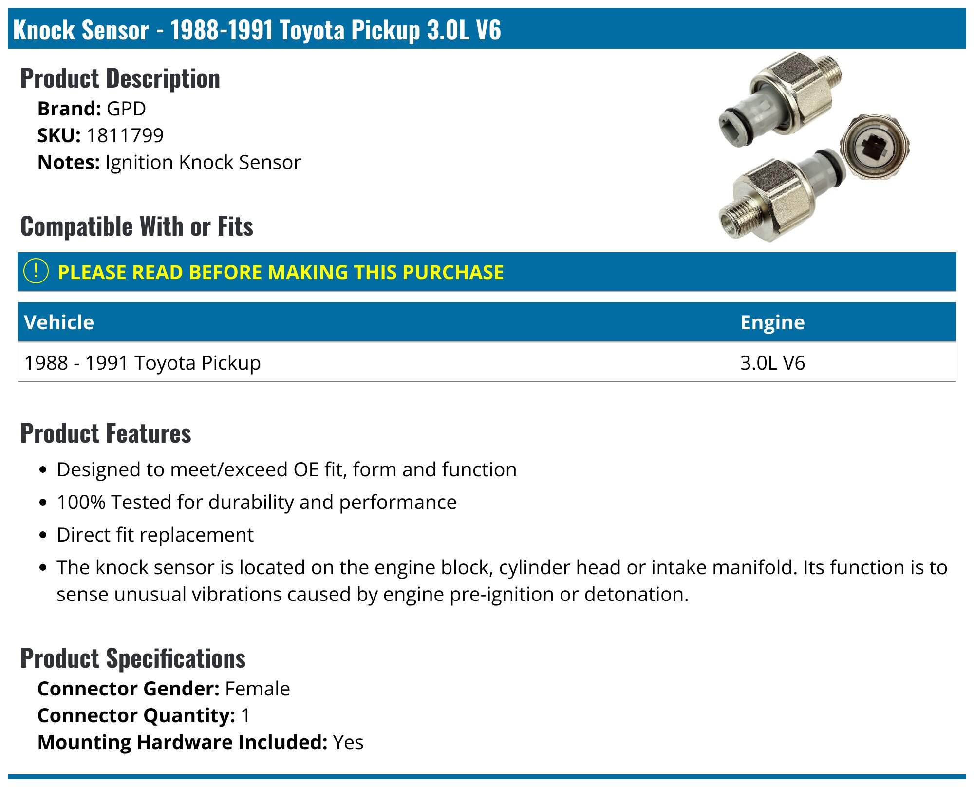 Toyota Pickup Knock Sensor - Engine Sensors - Replacement Genuine