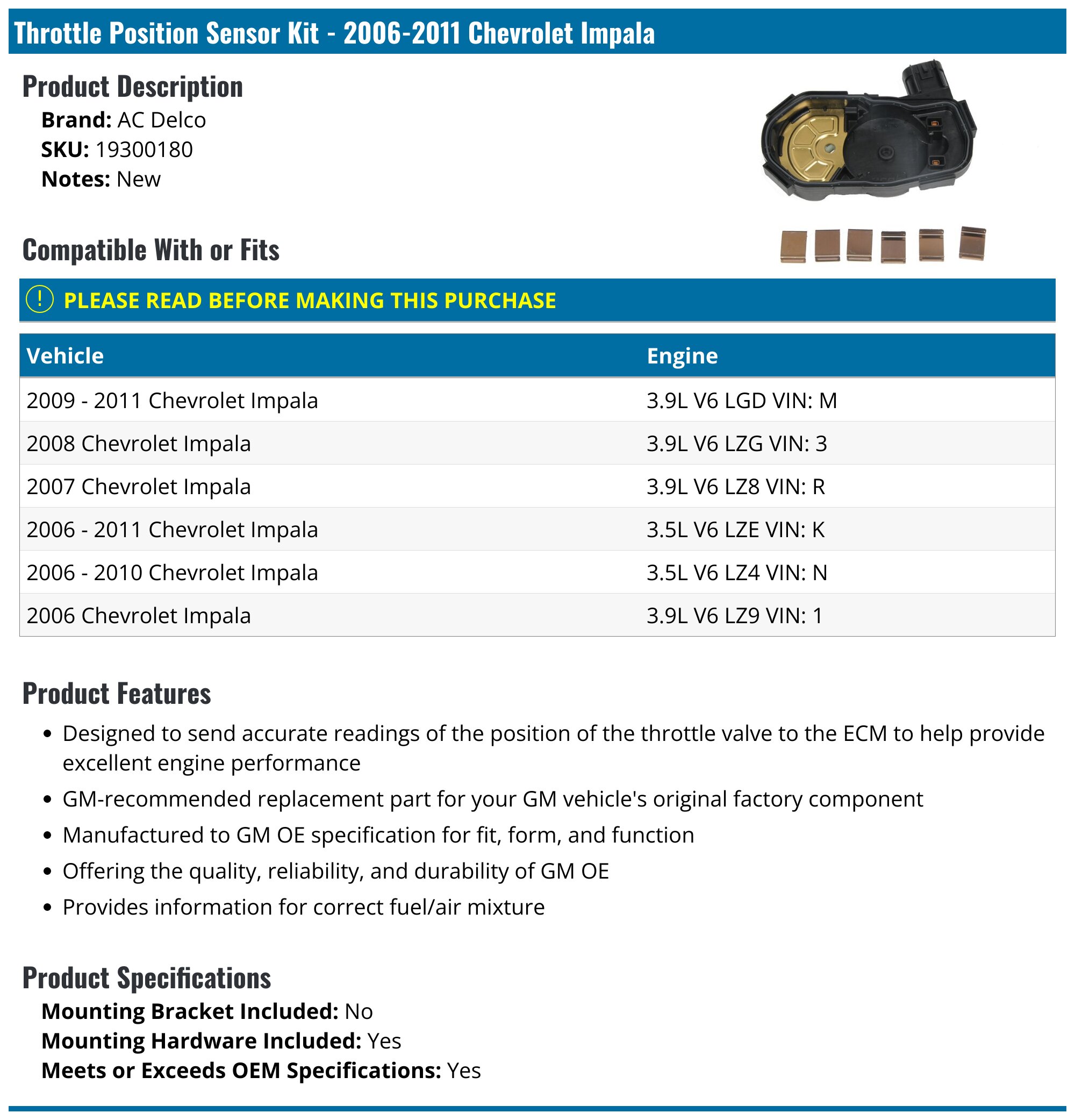 Sensor De Posición Del Acelerador Para Chevrolet Impala 2006-2011 | SMP 27986HC | 12 Meses De Garantía