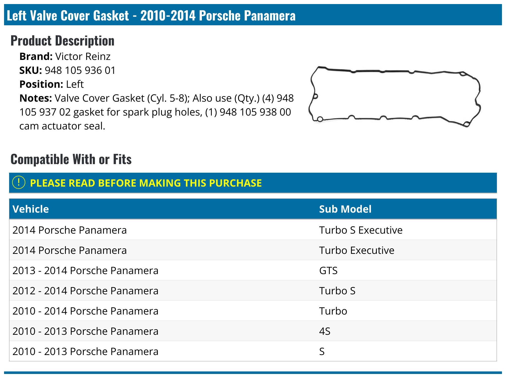 20102016 Porsche Panamera Valve Cover Gasket Victor Reinz 948 105