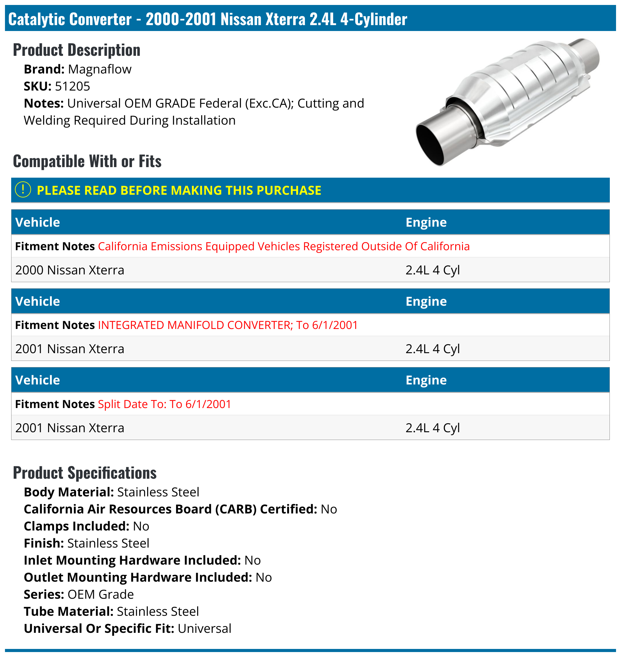 20002001 Nissan Xterra Catalytic Converter Magnaflow 51205