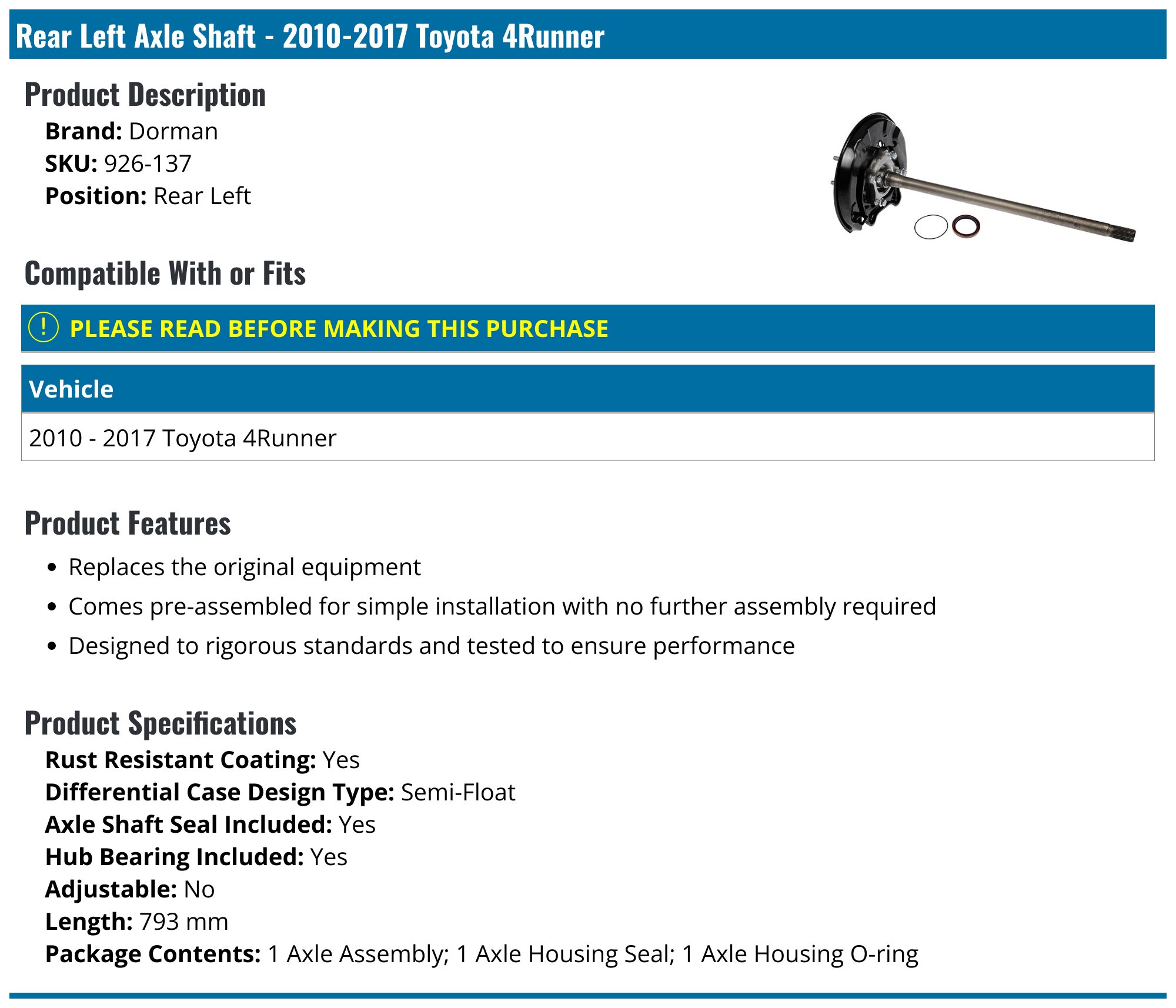 2010-2024 Toyota 4Runner Axle Shaft - Dorman 926-137 - Rear Left ...