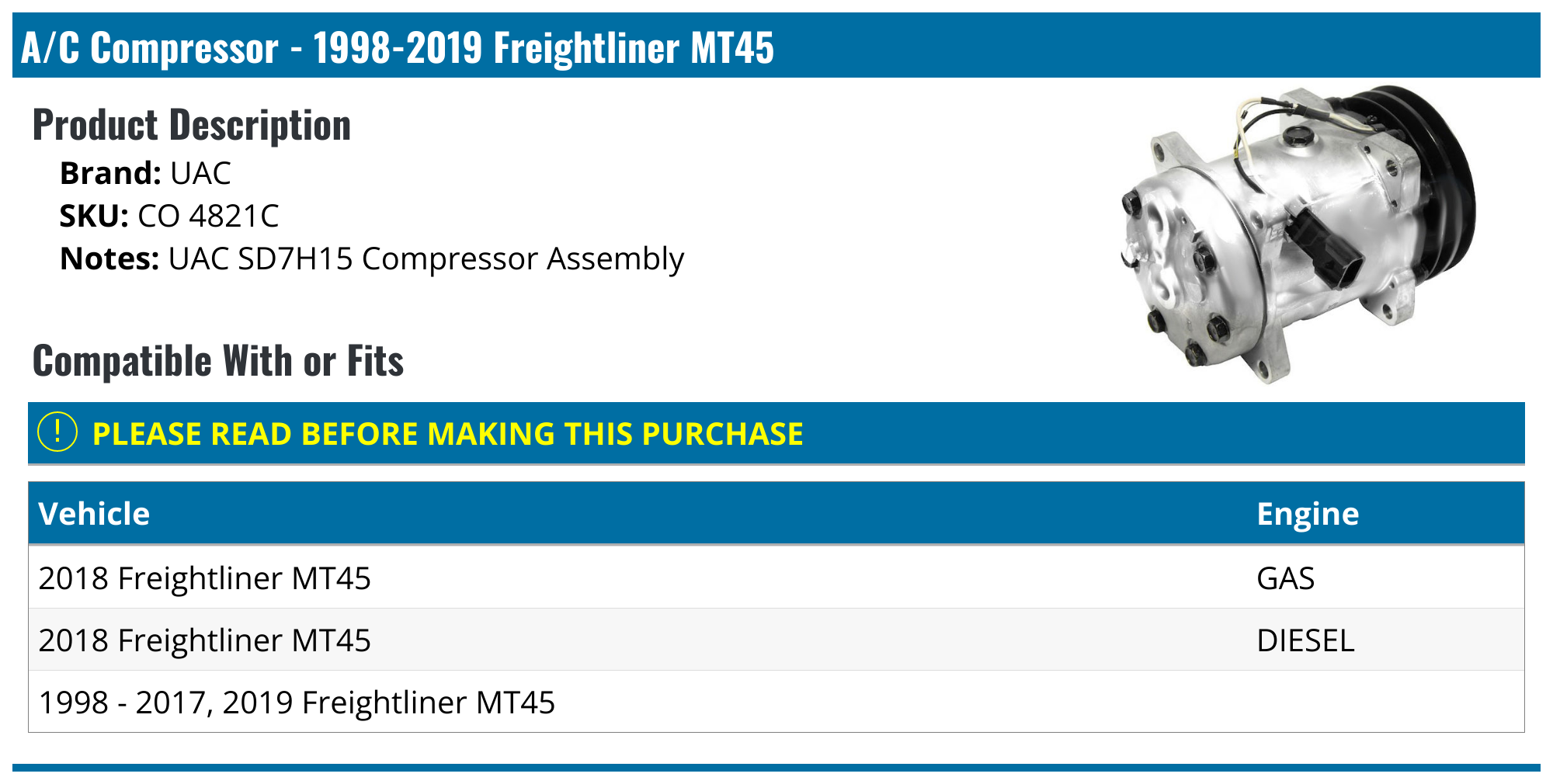 1998-2019 Freightliner MT45 A/C Compressor - UAC CO 4821C - - PartsGeek.com