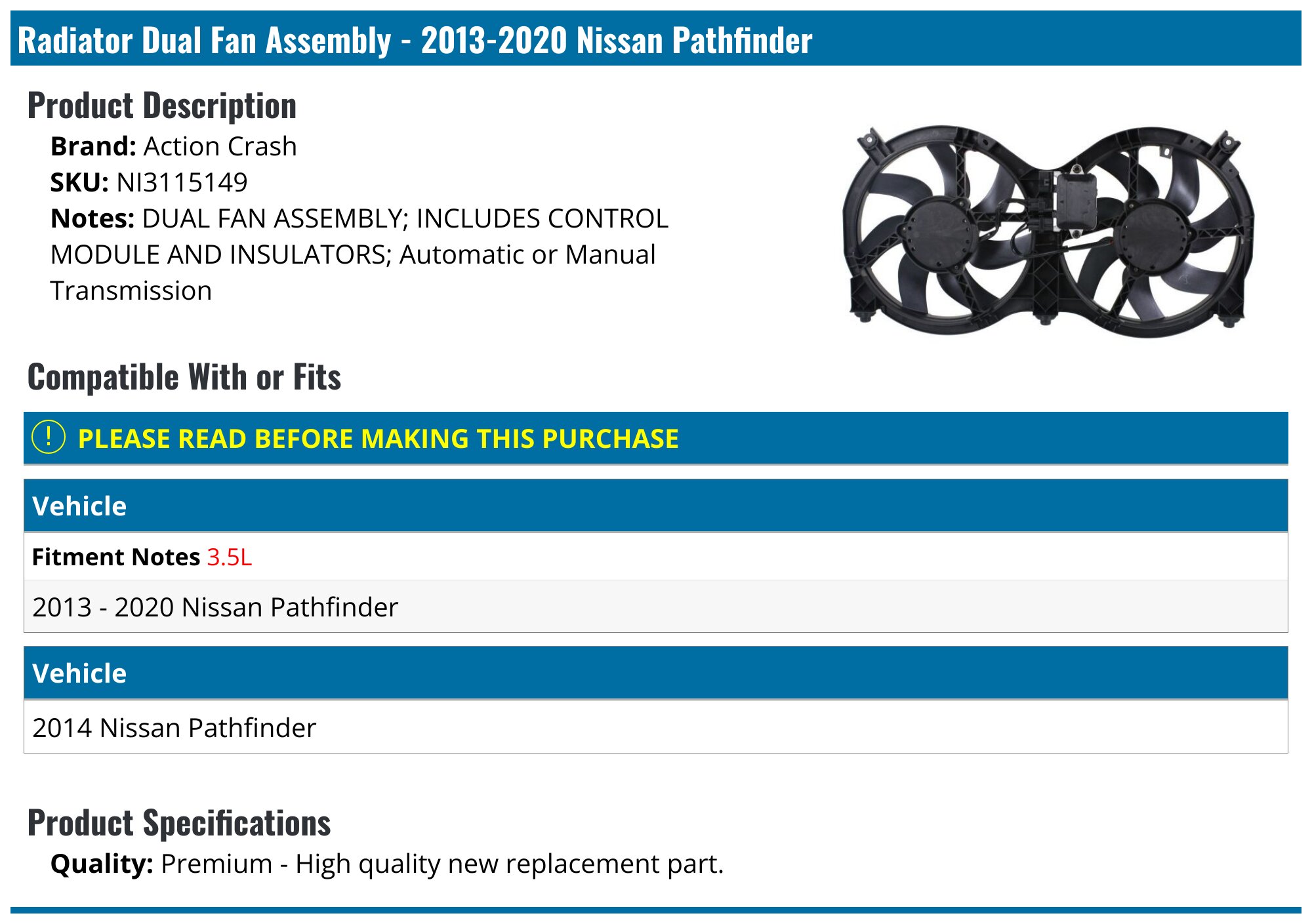 20132020 Nissan Pathfinder Radiator Fan Assembly Action Crash